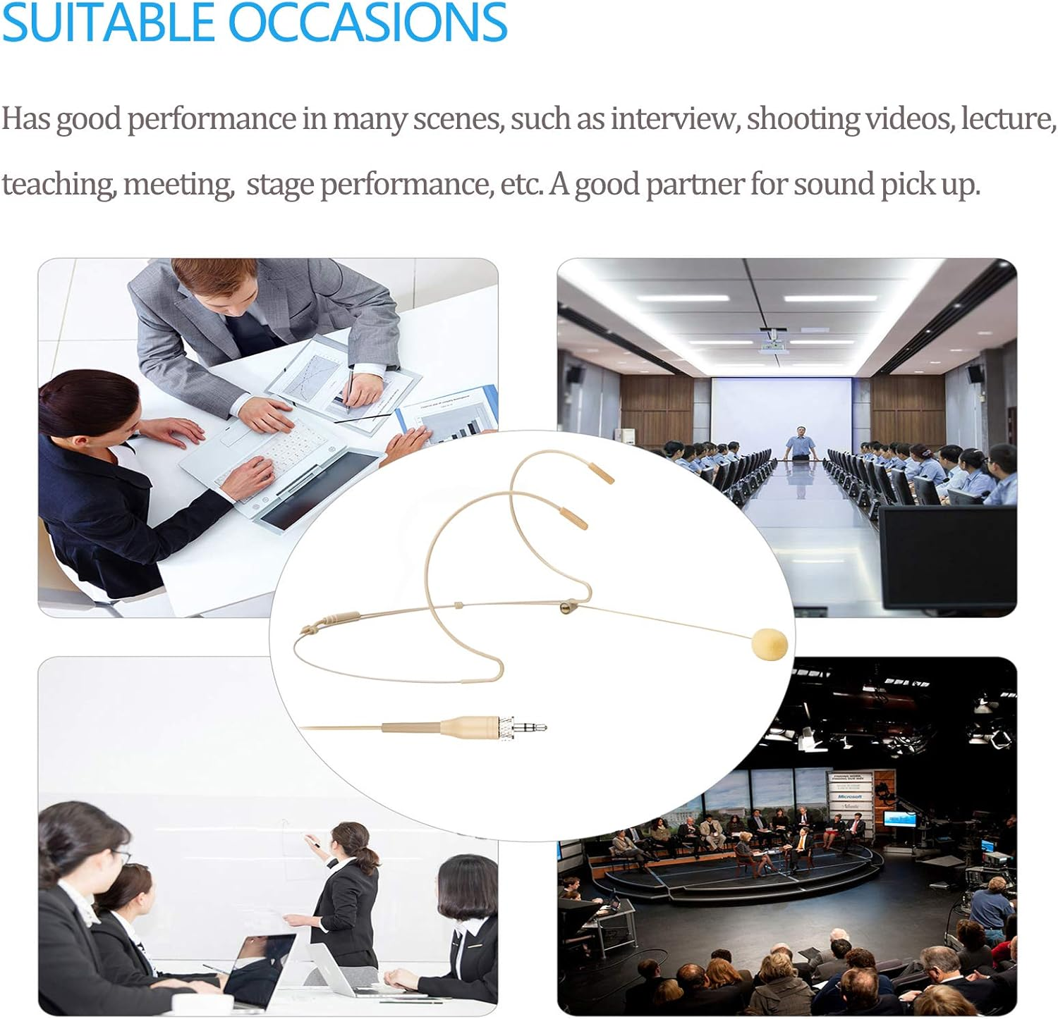 Headset/Headworn Microphone &ndash; 3.5Mm Screw Lock Microphone for Sennheiser Wireless System & Bodypack Transmitter-Beige Dual Earhook Omnidirectional Headset Head Mic image number 2