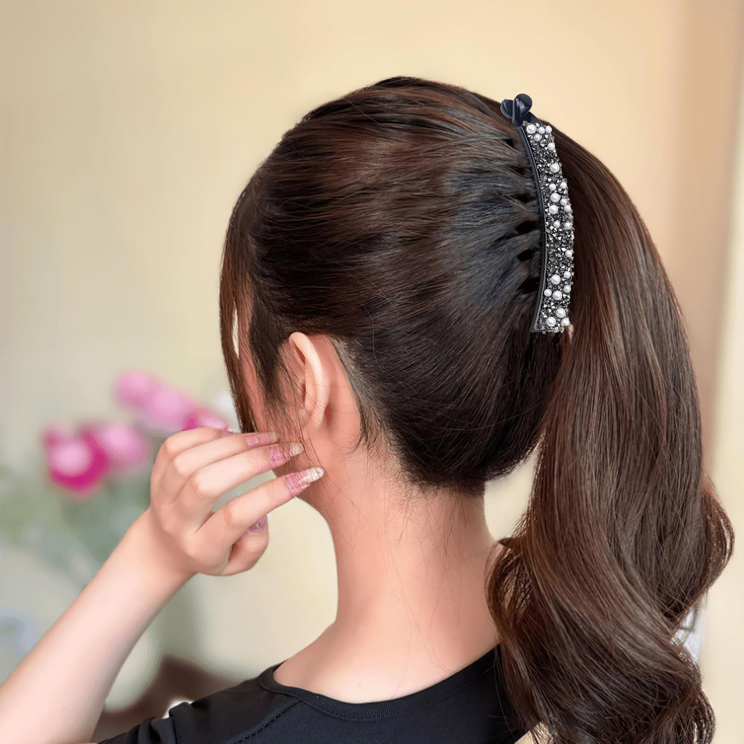 Pack of 2 Banana Clip Hair, Rhinestone Beads Banana Hair Clips, Banana Clip Thin Hair, Suitable for Women, Girls (Black + Silver) (Black + Silver) image number 6