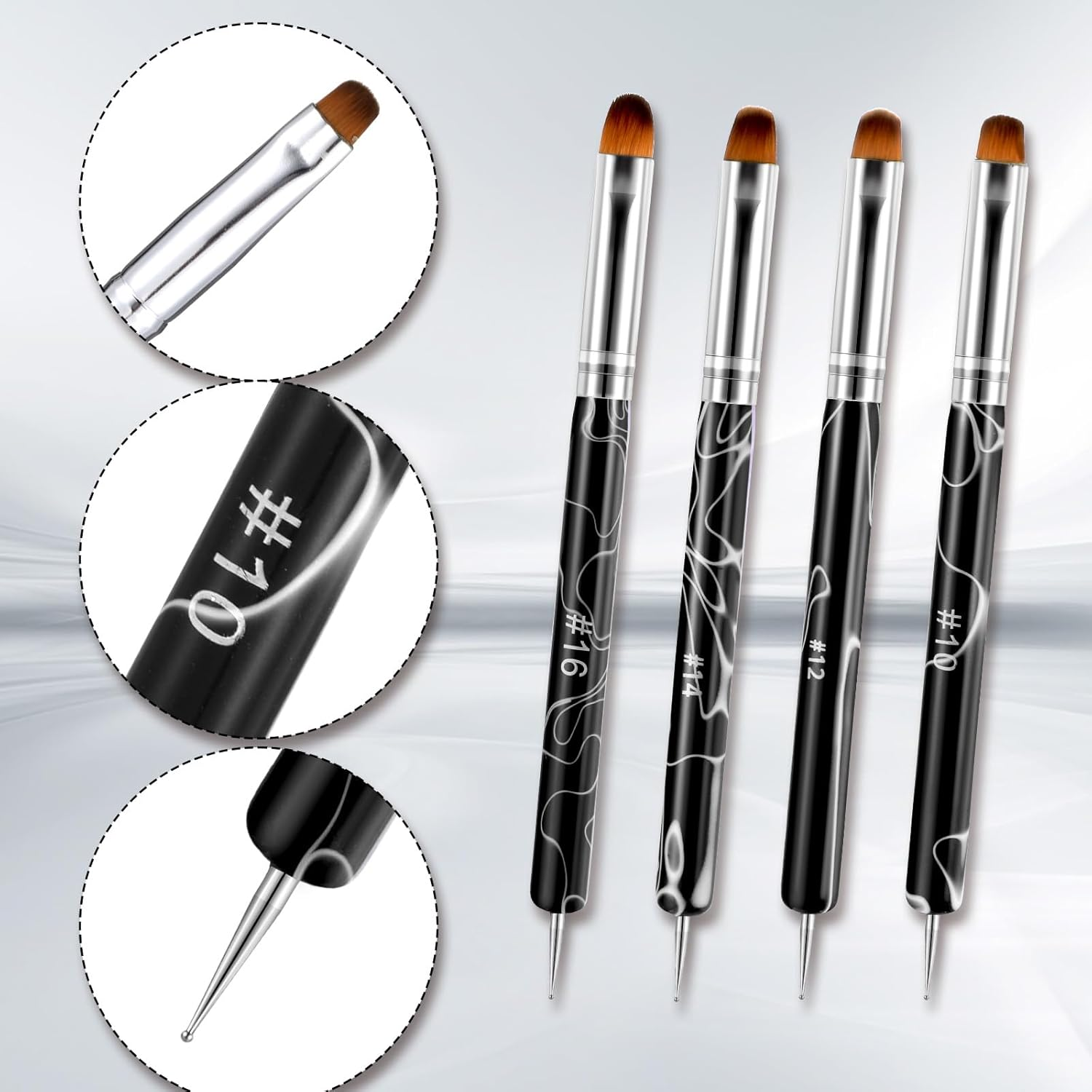 4Pcs 2 Way Nail Art Brush with Dotting French Nail Brush Set French Gel Acrylic Nail Art Brush Professional Manicure Tool for Nail Arts Detailed Design Manicure Cuticle Clean up (10#, 12#, 14#, 16#) image number 5