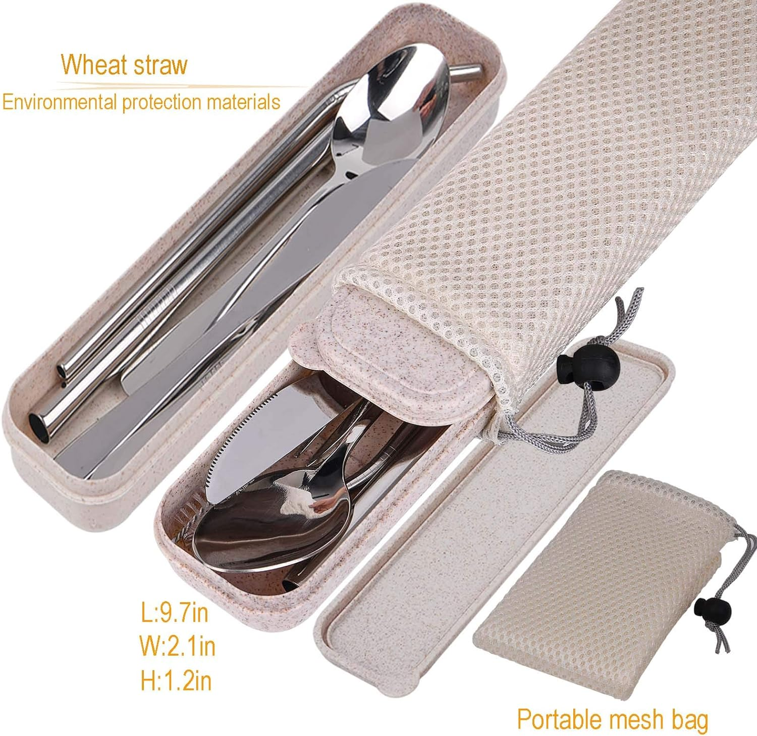 Hisredsun Portable and Reusable Stainless Steel Cutlery Set, 9-Piece Portable Flatware Set for Office, School, Camping and Travel. Including Knife/Fork/Spoon/Cleaning Brush/2 Straws/Fruit Fork/Wheat Straw Case/Mesh Bag