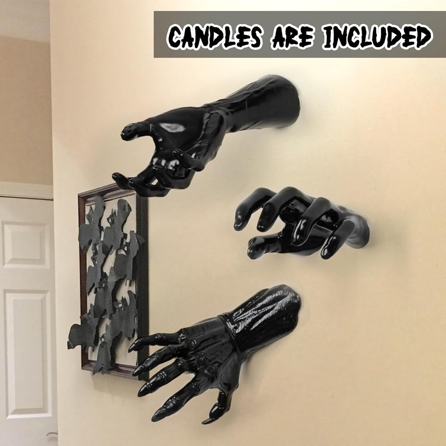 Halloween Decorations, Pack of 3 Wall Mounted Creepy Reaching Hands with Lighted Candles, Life-Sized Horror Hands for Gothic Wall Decorations, Scary Halloween Decoration Indoor image number 4