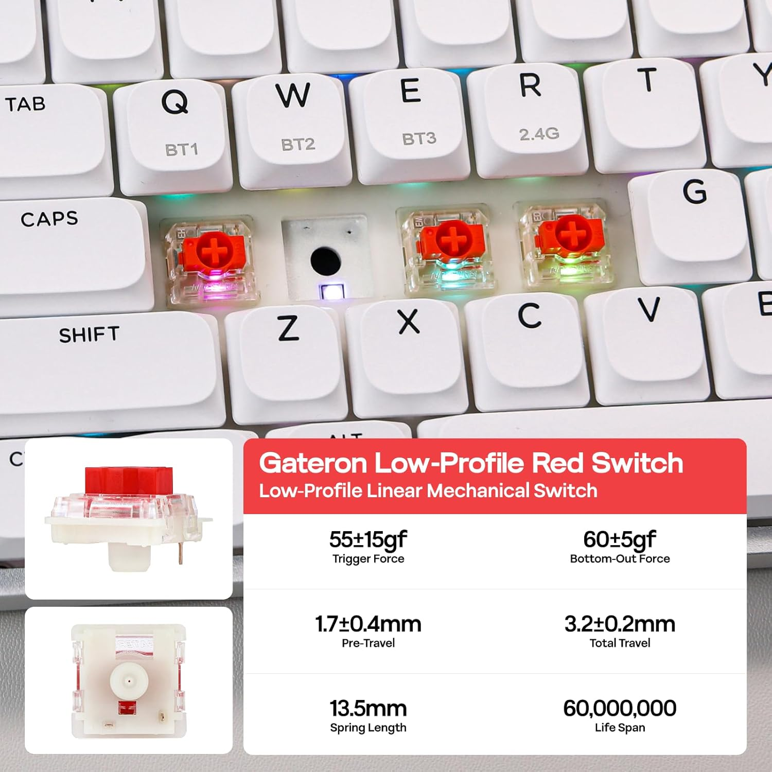 EPOMAKER Luma84 Low Profile Aluminum Mechanical Keyboard, QMK/VIA Programmable, Tri-Mode Wireless, Win/Mac/Linux Compatible, Hot-Swappable (White&Purple, Gateron Low-Profile Red Switch) image number 4