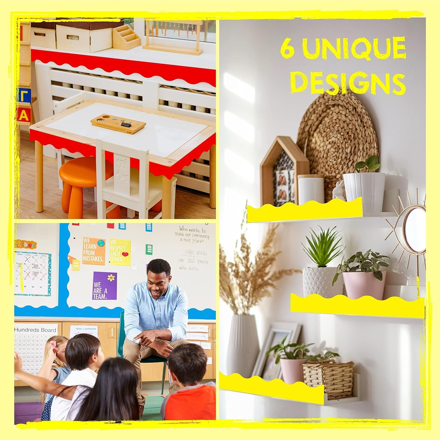 6 Rolls Bulletin Board Borders, 198 Ft Scalloped Rolled Border Trim with Wavy Line Design Yellow, Green, Red, Blue, Black, White Decoration for School, Classroom & Offices, 33Ft per Roll image number 5