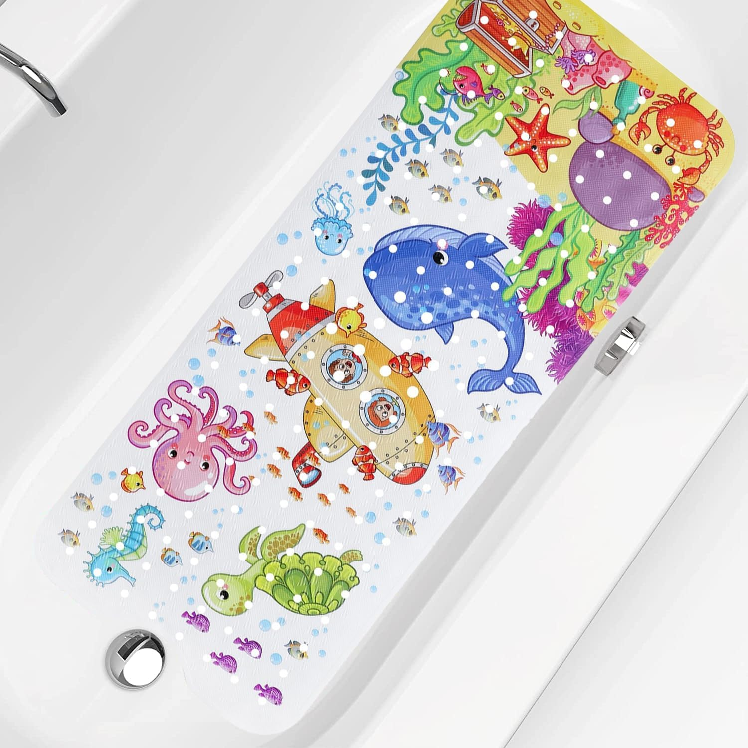 Bath Mats for Tub Kids,40X16 Inch Large Cartoon Non-Slip Bathroom Bathtub Kid Mat，Bath Mats with Suction Cups & Drain Holes,Machine Washable Bathroom Mats image number 1