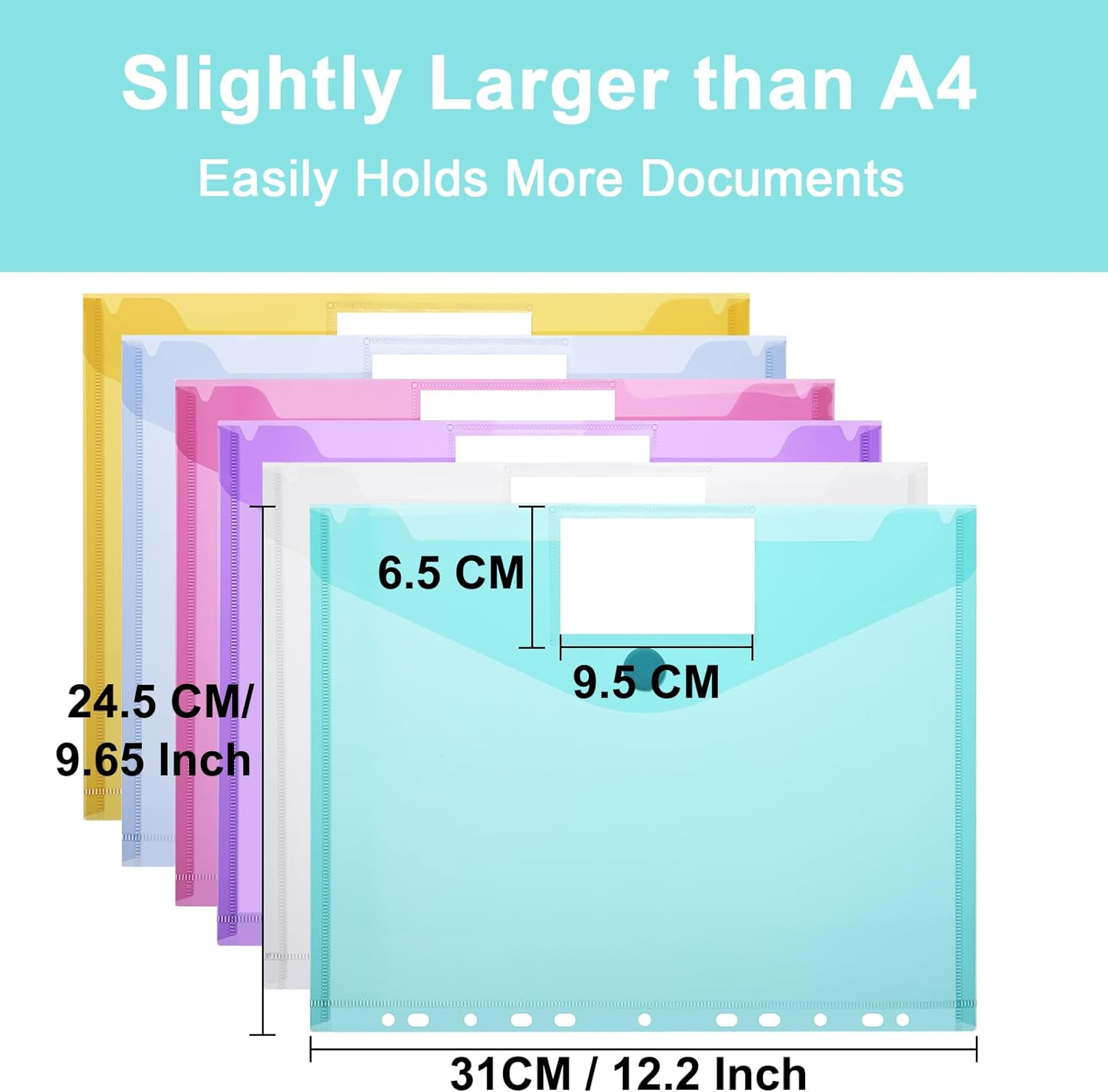 24Pcs 6 Colours Binder Pocket, Plastic Flipchart File Pockets, Envelope Binder Folders with 11 Holes and Tab Pockets and Velcro Buttons, Label Pockets for Schools Offices Homes