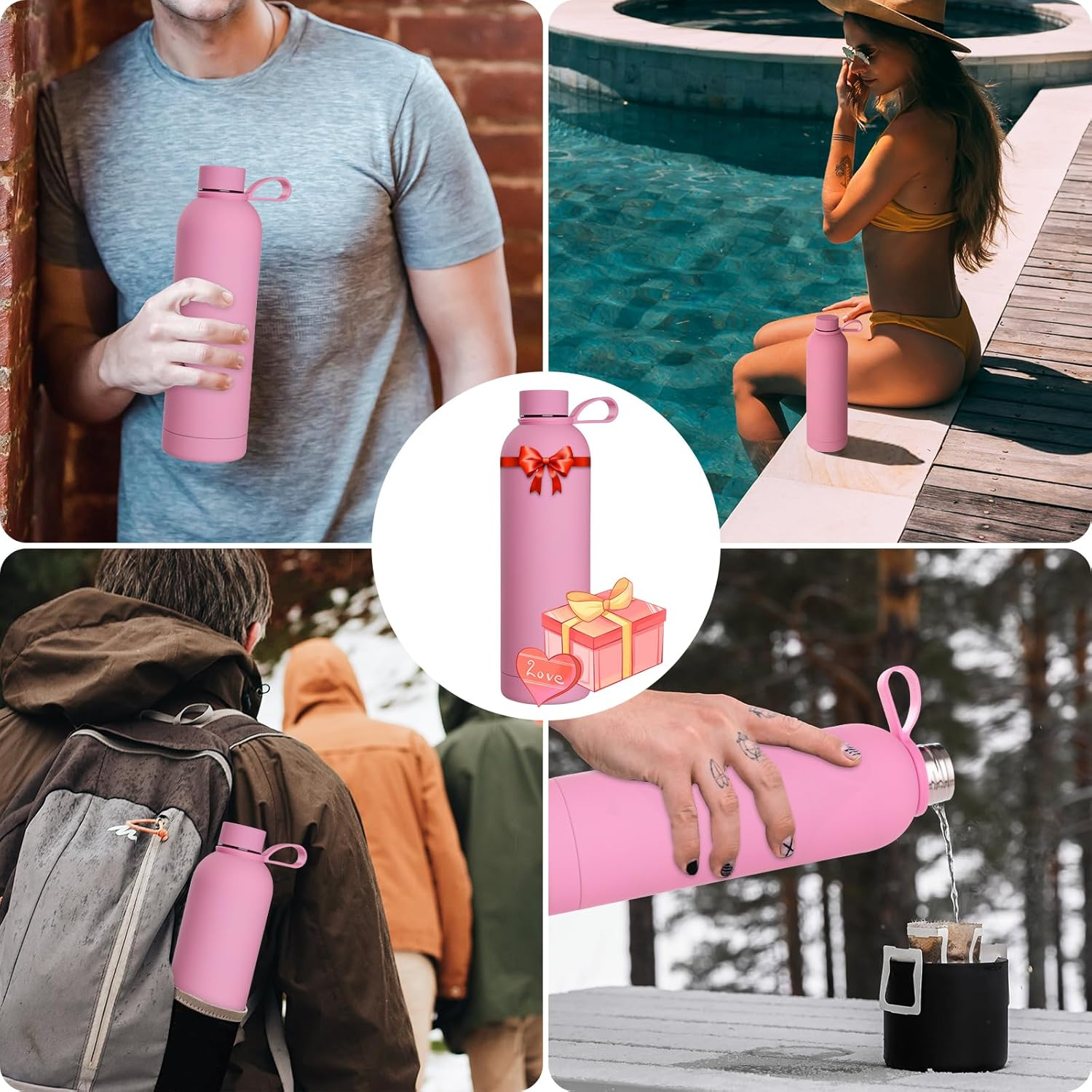 Thermal Insulated Bottle 34Oz Stainless Steel Water Bottle with Brush + Portable Bag Sports Water Bottle Holder for Camping, School, Sports, Gym Pink