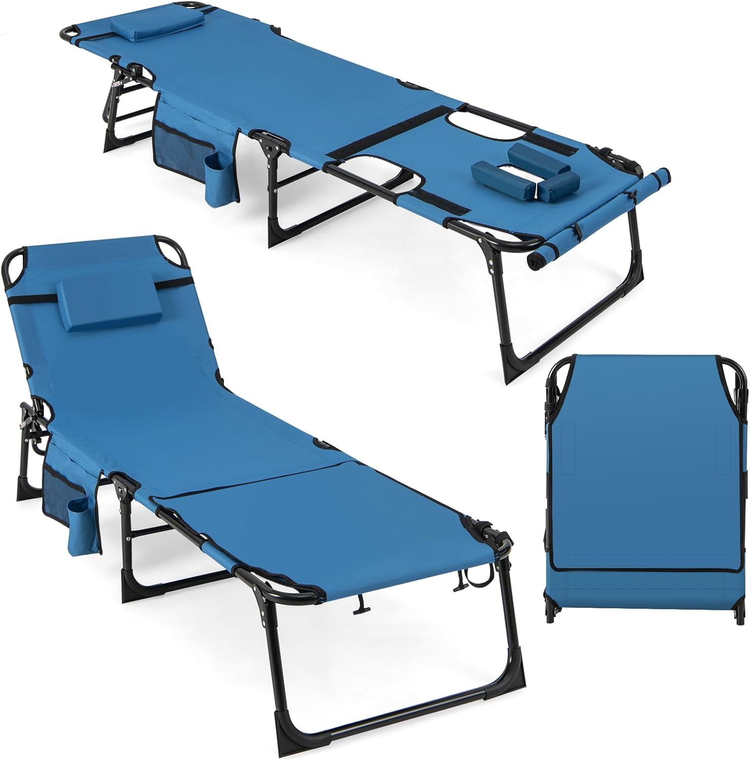 Costway Folding Convertible Camping Lounger W/Face Hole & Pillows & Storage Pocket, 5-Position Adjustable Backrest, Portable Camping Cot Bed Recliner for Beach, Camping, Patio (Blue)