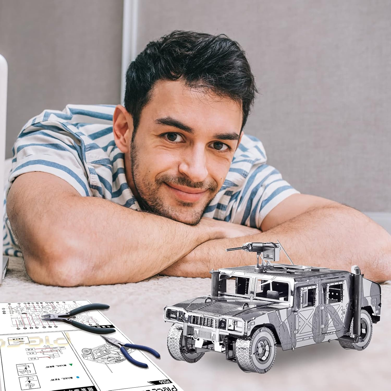 Piececool 3D Metal Puzzle Car Model Kits, American Hummer H1 Military Vehicle Models Kit, Brain Teaser DIY Metal Model Building Kits for Adults Teens Stress Relief Toys, Best Gifts for Son Dad, 78Pcs - Silver Motor image number 5