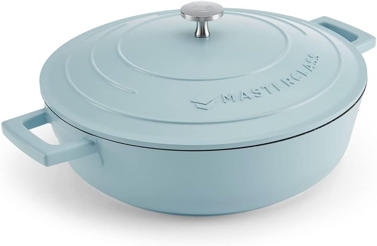 Mastercraft Shallow Casserole Dish with Lid 4L/28 Cm, Lightweight Cast Aluminium, Induction Hob and Oven Safe, Sky Blue