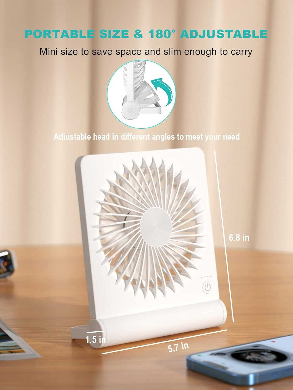 Small Desk Fan, 2000Mah Rechargeable USB Fan Battery Operated,Ultra Quiet, Strong Wind, 3 Speeds & about 4-12 Hours Longer Working, 180&deg;Foldable Mini Desktop Fan for Home Office Travel Outdoor-White