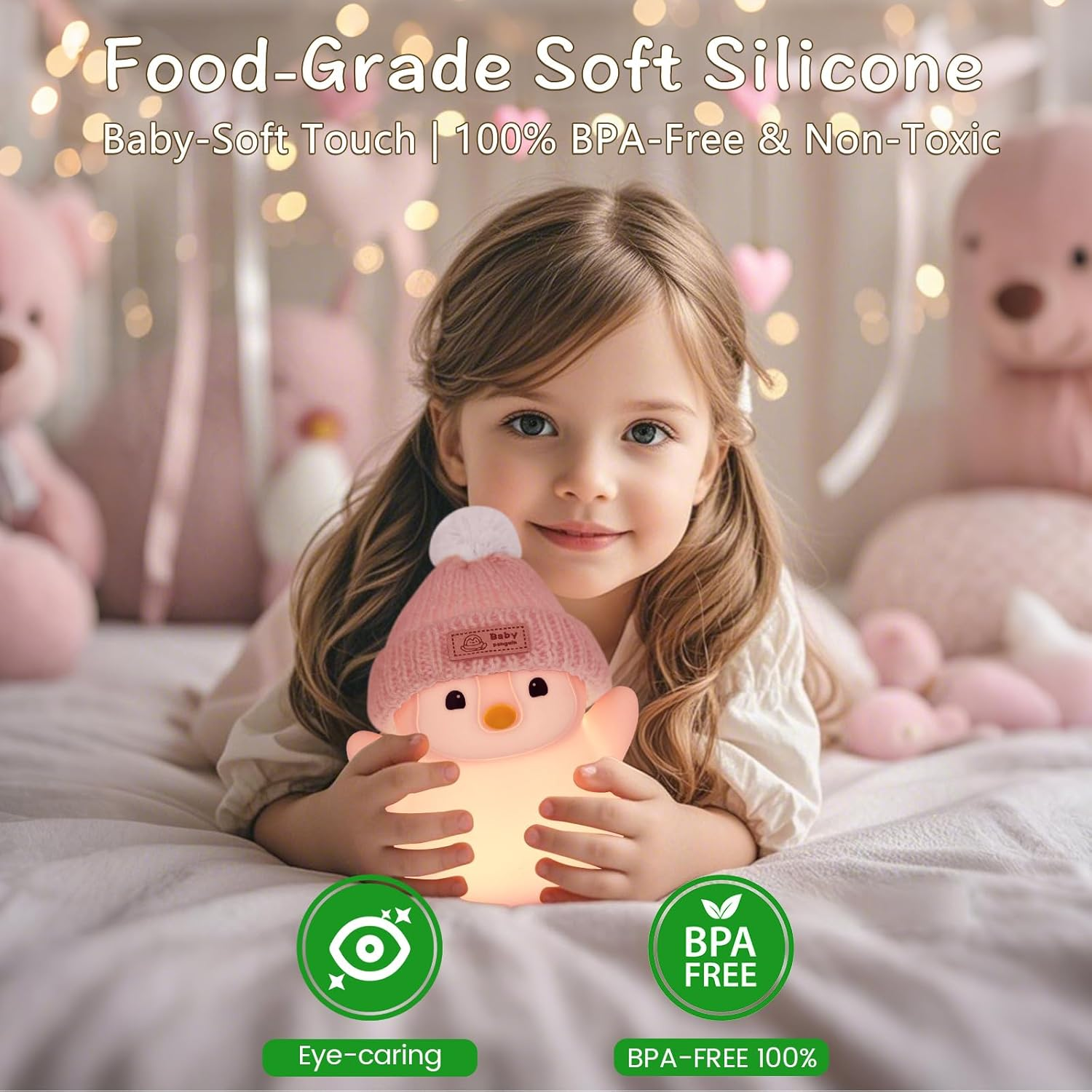 FAMIDUO Penguin Night Light, Cute Pink Penguin Lamp with Knit Hat, Soft Silicone Nursery Nightlight for Baby, Rechargeable/Dimmable/Timer,Led Squishy Novelty Animal Bedside Lamp,Funny Gifts for Kids