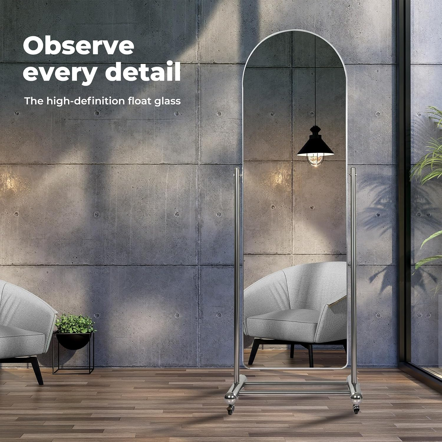 Yezi 165X46Cm Full Length Arched Floor Mirror with Rolling Stand, Freestanding Full Body Dressing Mirror, Modern Metal Frame, Mobile Design with Lockable Wheels for Bedroom or Living Room Cloakroom image number 1