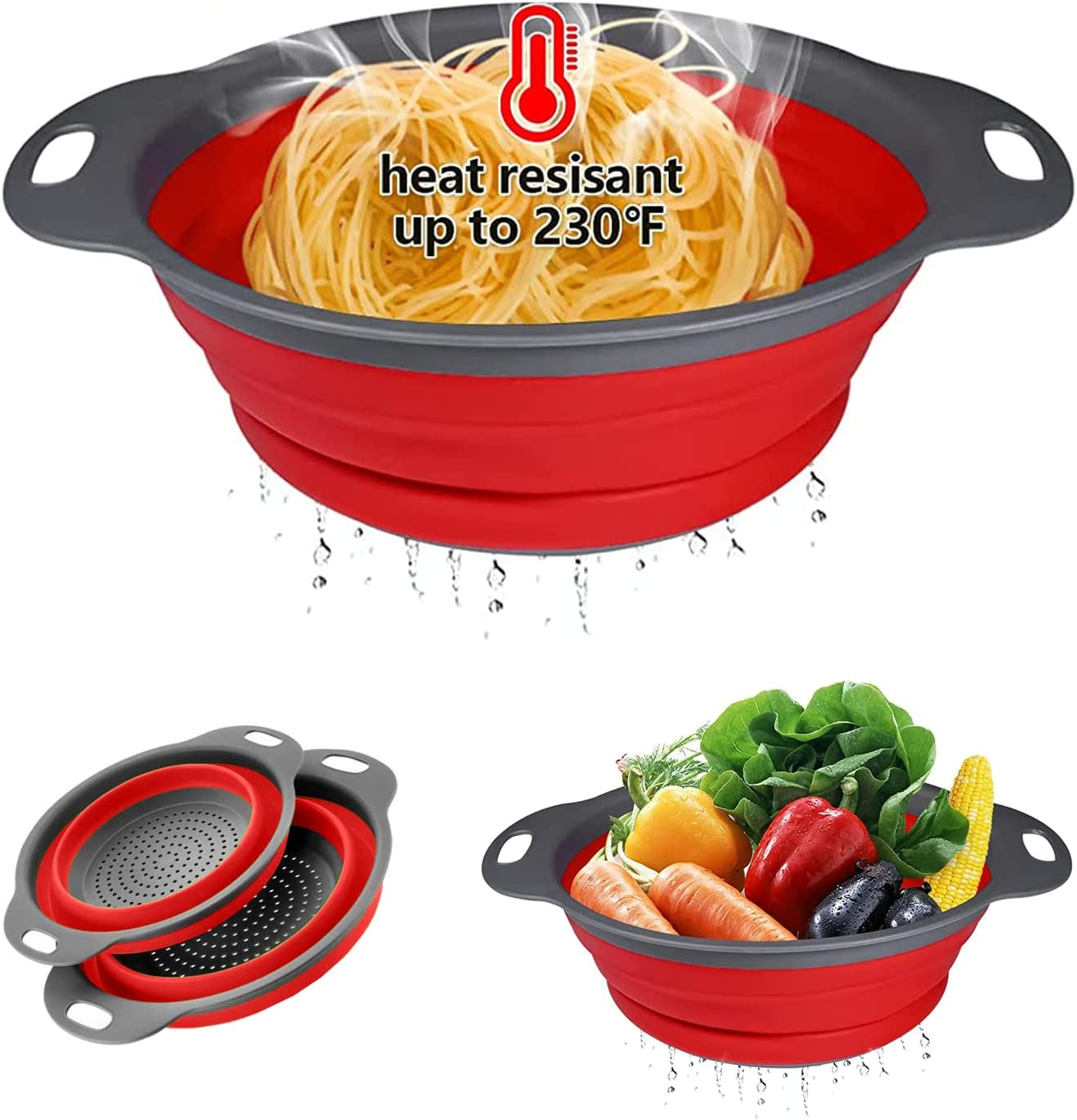 Collapsible Colander Set,Silicone Collapsible Strainer for Draining Pasta Spaghetti Fruits and Vegetables Colander Collapsible 1 Large & 1 Small Sizes Kitchen Mesh Strainers Tool Folding Colanders (RED) image number 1