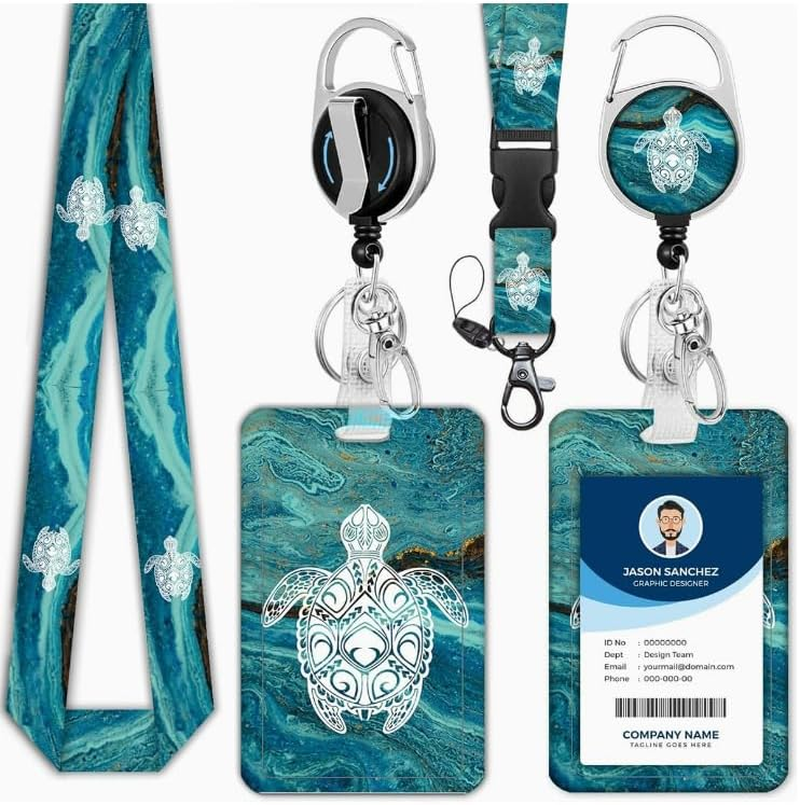 Checkzed Sea Turtle Lanyards for Office ID Badges, Creative Badge Reel Retractable and Detachable Name Tag Clip, Retractable 24" UHMWPE Fiber Pull Cords, Suitable for Staff and Students (Green)