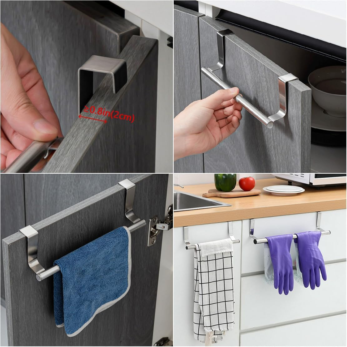 2 Pieces Kitchen Towel Holders Stainless Steel, over Cabinet Towel Bars Cupboard Shelf Towel Rails Towel Racks for Door Behind, Silver image number 2