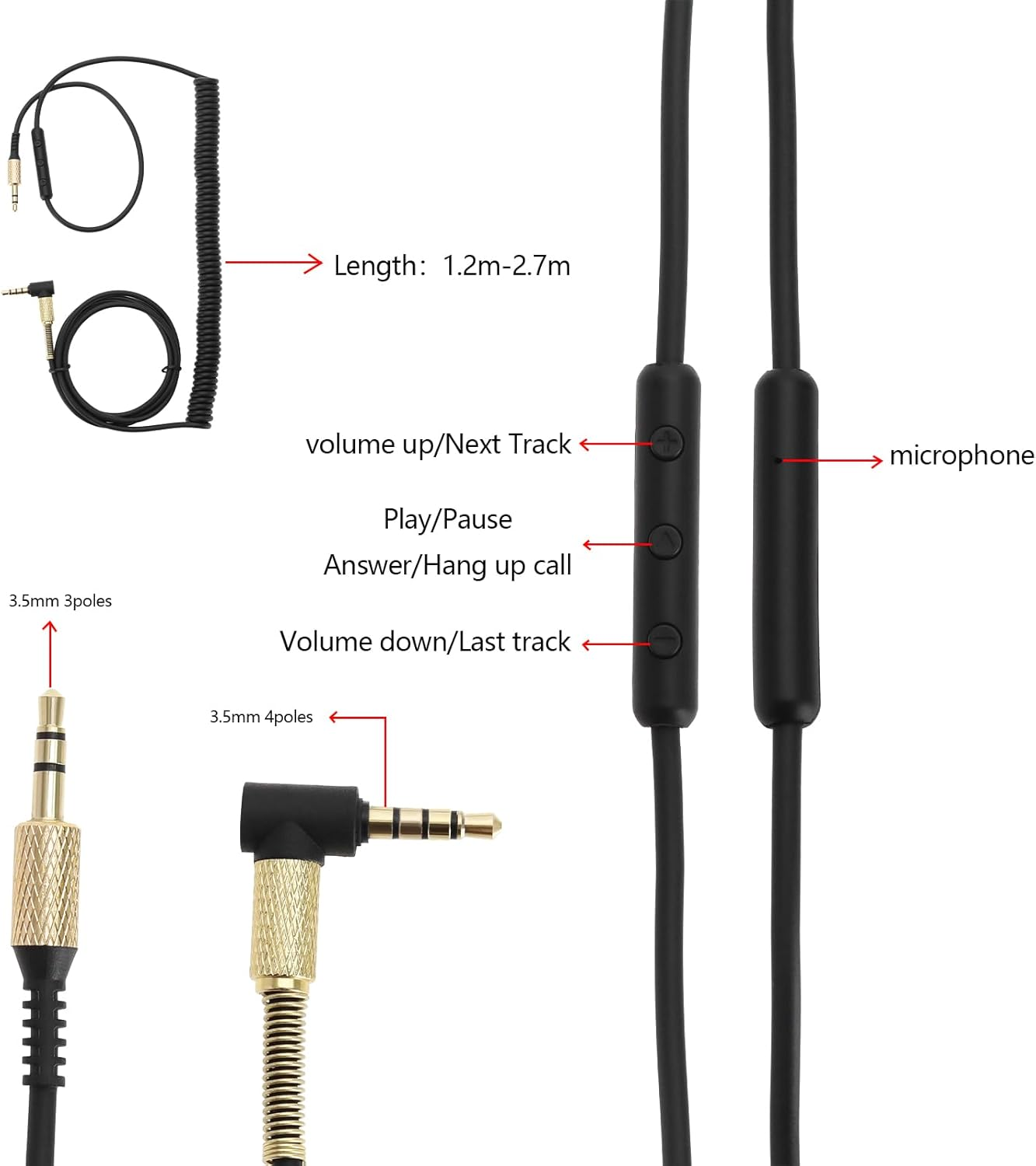 VGOL Headphone Cable Earphone Cable Adjustable Headphone Cord Compatible with Marshall Major II 3.5Mm Plug Headphone Cable Headphone Extension Cord image number 1