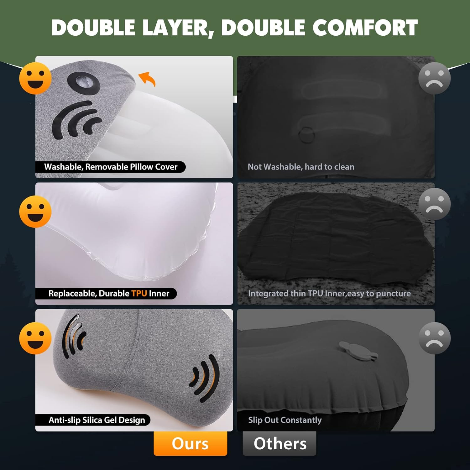 HIKENTURE Camping Pillow-Ultralight Inflatable Pillow with Removable Cover-Comfortable Ergonomic Blow up Pillow - Compressible Beach Pillow-Air Travel Pillow for Neck & Lumbar Support(Green) - Green image number 5