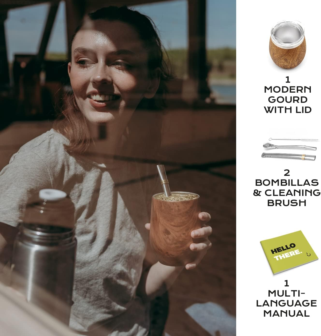 BALIBETOV Modern Mate Cup and Bombilla Set (Yerba Mate Cup) -Yerba Mate Set Includes Double Walled 18/8 Stainless Steel Mate Tea Cup, Two Bombilla Mate (Straw) and a Cleaning Brush (12 Oz, Wood) - Metallic image number 3