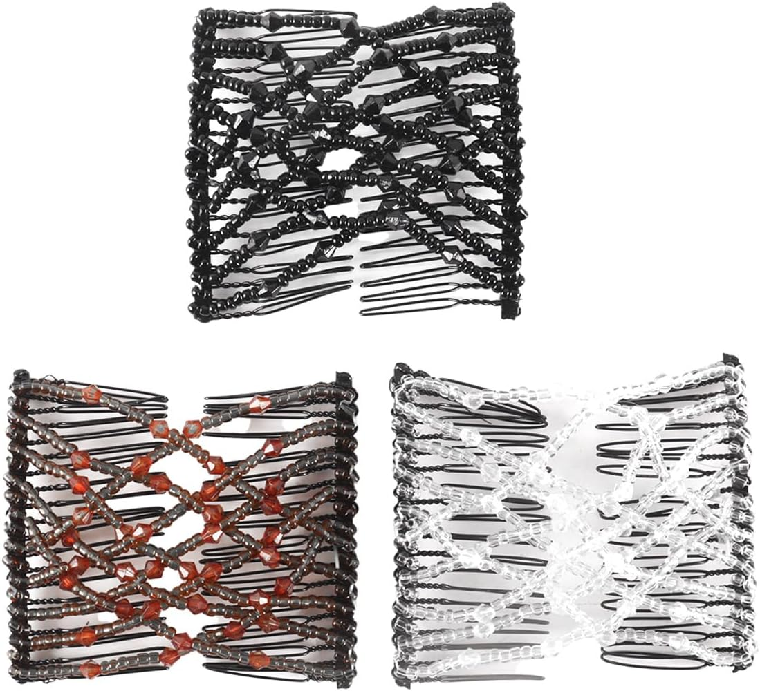 Hoite 3Pcs Women Elastic Comb Hair Clips Vintage Beaded Black White Brown for Daily Styling Securing Various Hairstyles image number 1