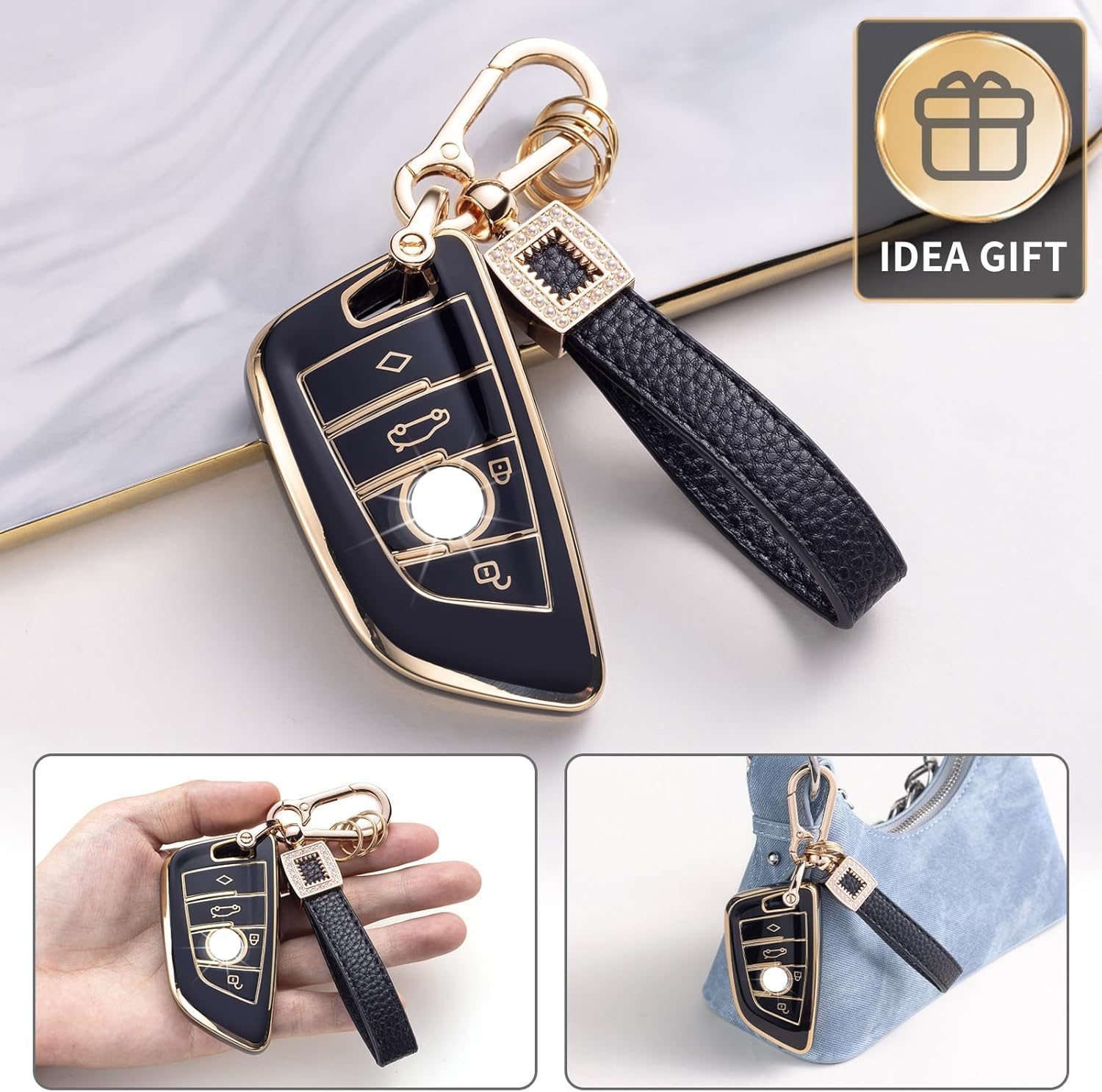 CACARLIKE for BMW Key Fob Cover with Leather Lanyard, Car Key Fob Case Compatible with BMW 2 5 6 7 Seriesx1 X2 X3 X5 X6 Smart Key Protector Holder image number 6