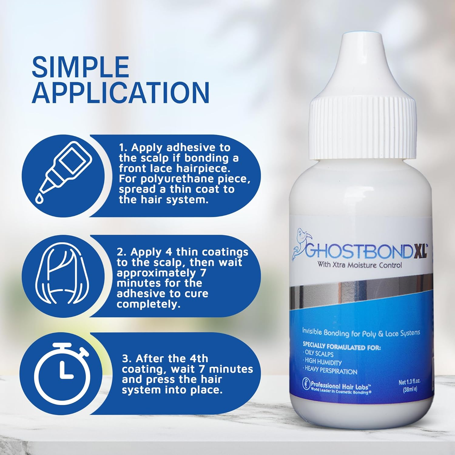 Ghost Bond XL Hair Replacement Adhesive - 1.3Oz - Invisible Bonding Glue: Extra Moisture Control - Light Hold for Poly and Lace Hairpiece, Wig, Toupee Systems image number 4