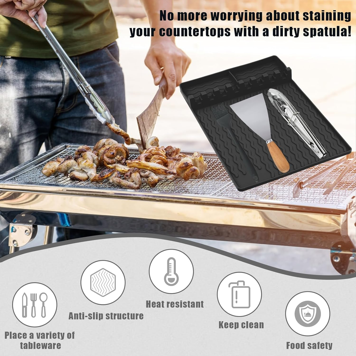 PEUTIER Silicone Griddle Tools Mat, Spatula Mat Griddle for Blackstone, Grill Utensil Resting Pad with 8 Slots Heat Resistant Grill Side Shelf Mat Holder for Kitchen Cooking Countertop (Black) - Black image number 4