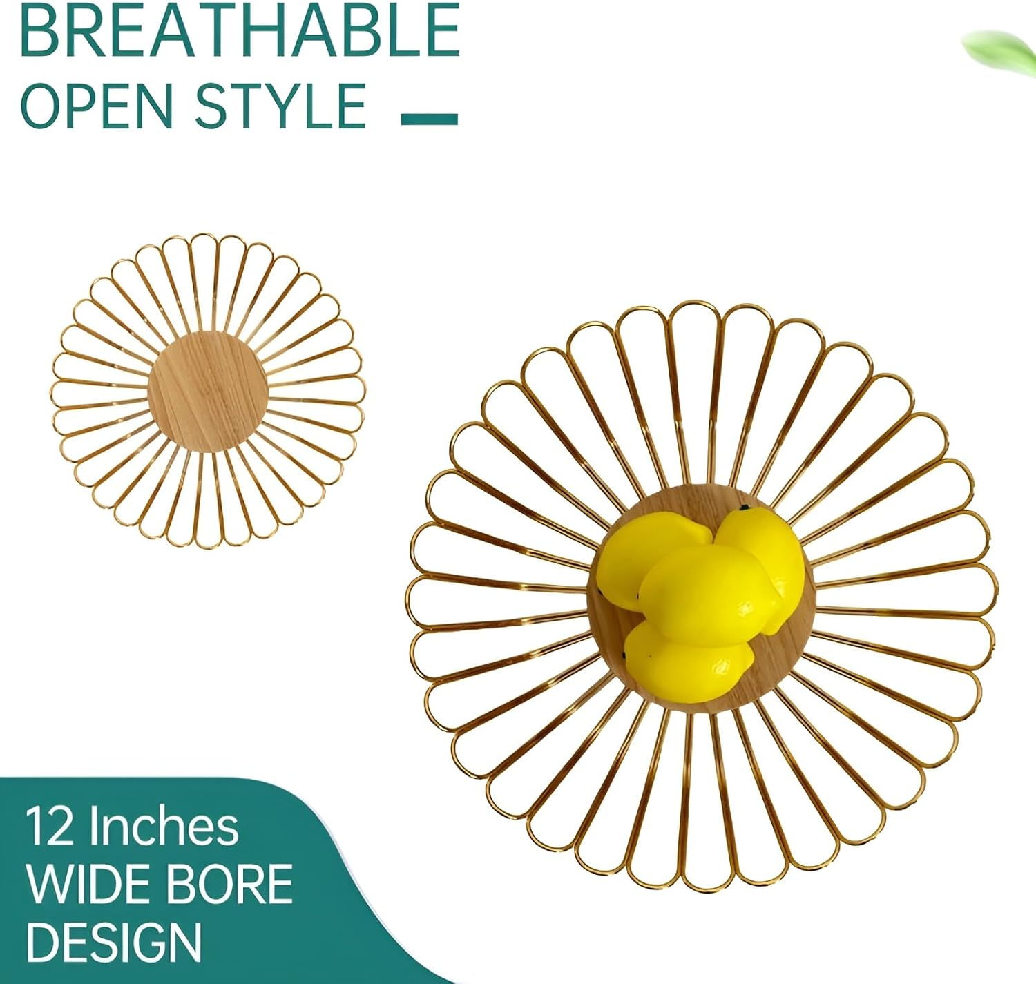 7UYUU Metal Wire Countertop Fruit Bowl Basket Holder for Kitchen | Gold Modern Storage Table Centerpiece with Wood Stand | Home Decor - 12 Inch (Gold) image number 1