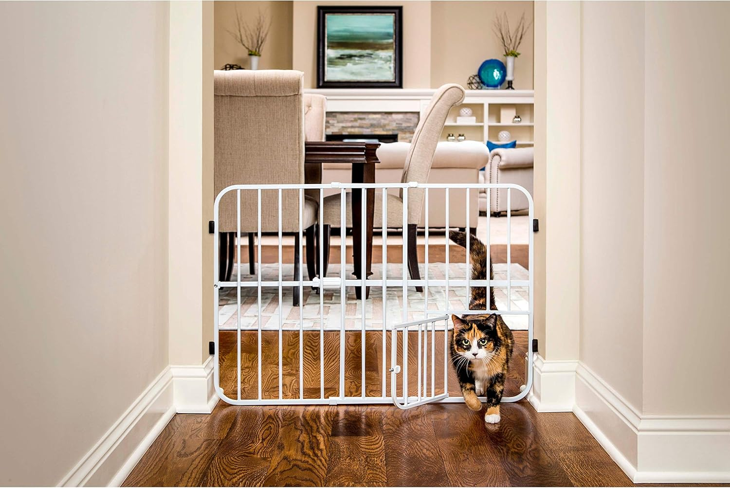Carlson Pet Products Tuffy Metal Expandable Pet Gate, Includes Small Pet Door, 24 X 26-38 Inch, Beige, White