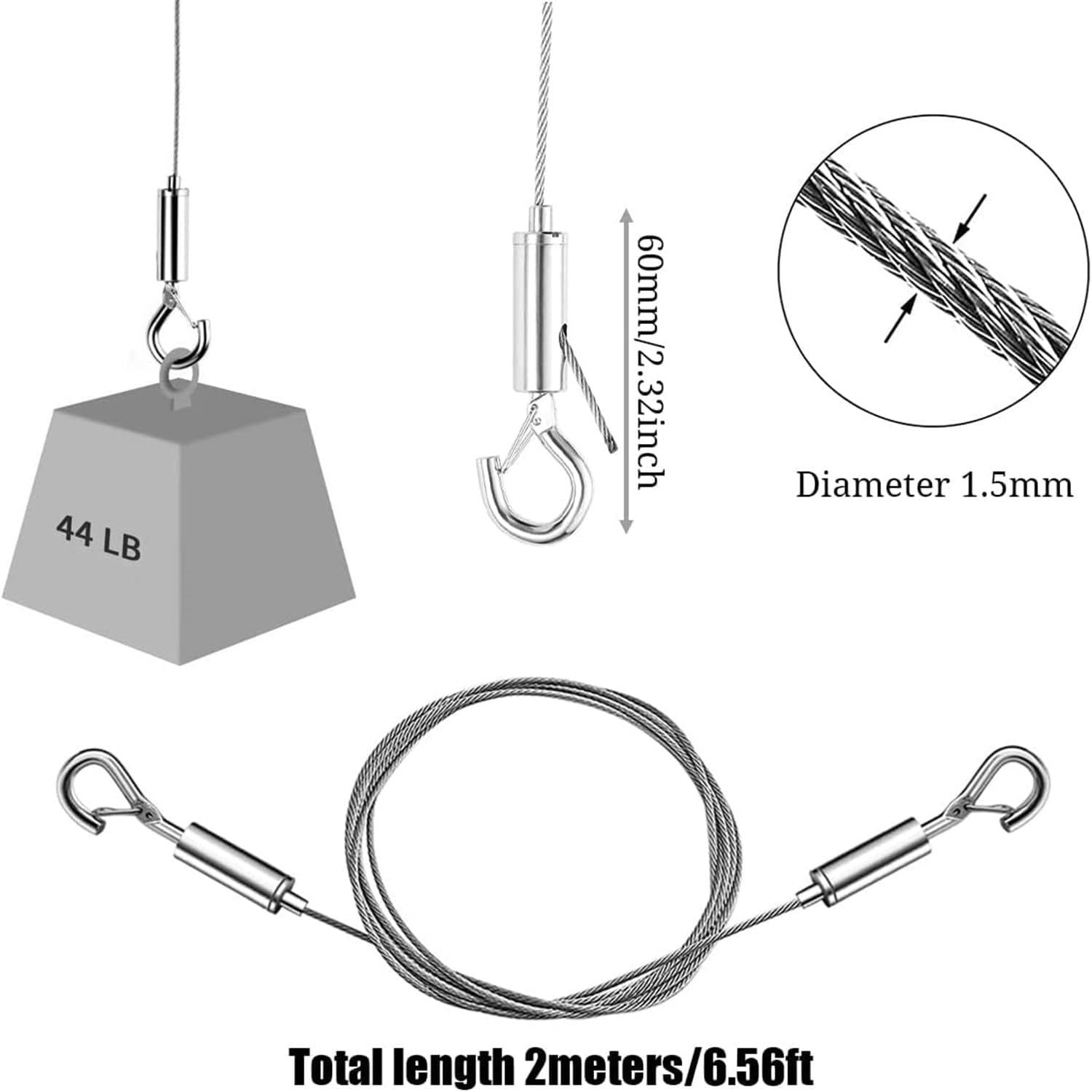 2 PCS Adjustable Picture Hanging Wire Mirror Frame Kit, 2M X1.5Mm Heavy Duty Stainless Steel Wire Rope for Mirror Hanging Hardware, Light Lamp, Billboards, Basket Flowerpot Hold up to 20Kg image number 6