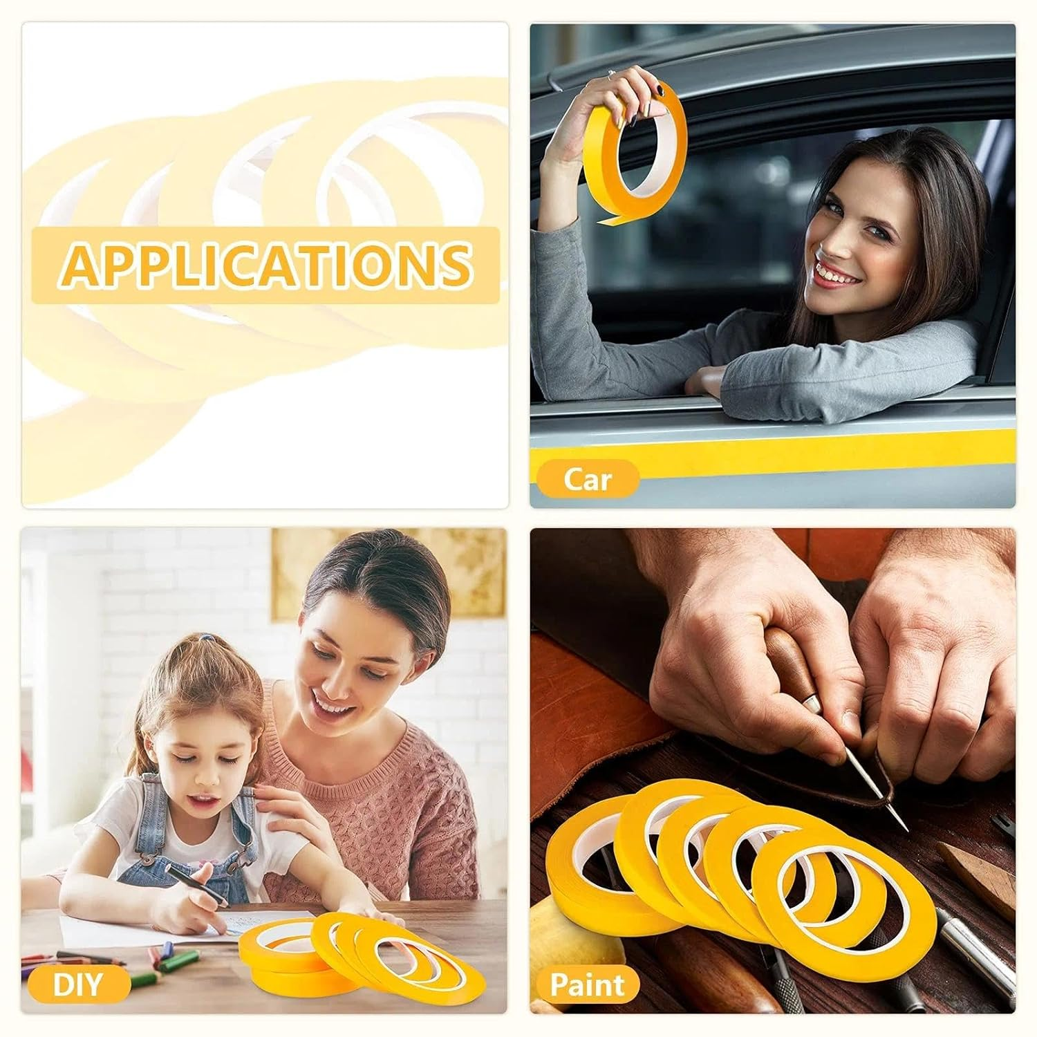 5 Rolls Masking Tape Set, Fine Line Yellow Painters Tape for Automotive & DIY Painting, Sizes 1/16, 1/8, 1/4, 1/2, 3/4 Inch X 52 Yard