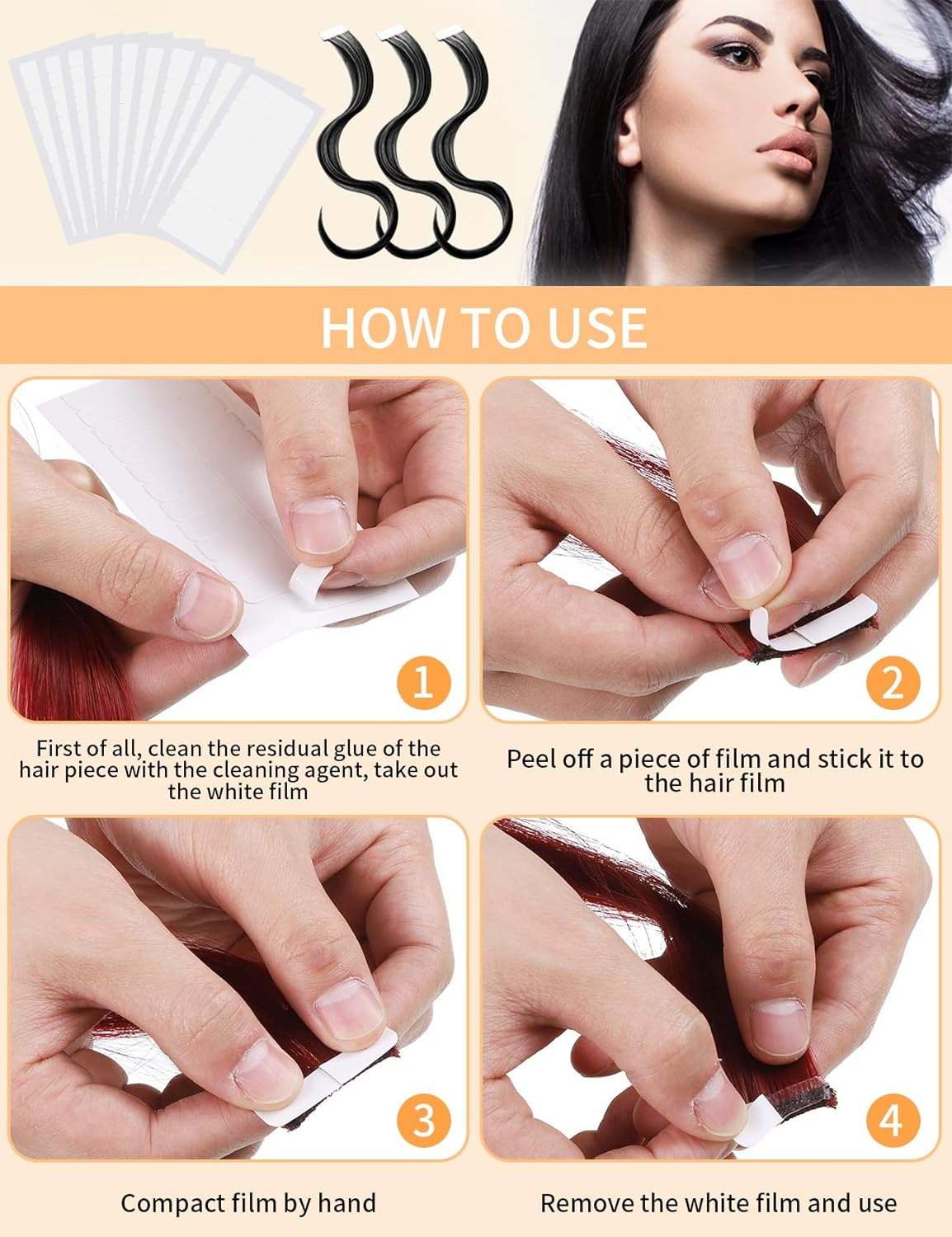 120PCS Double Sided Hair Extension Tape, Tabs for Replacement Wigs Supplies, Waterproof Strips for Toupee/Lace Wigs Film Adhesive No Shine Bonding image number 4