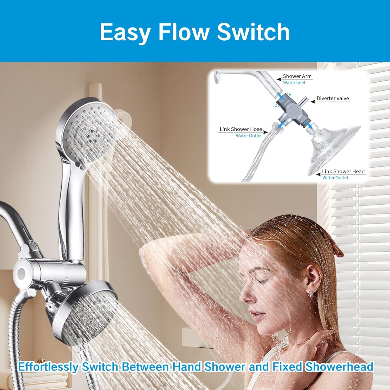 YAFIYGI 3 Way Shower Diverter Valve 1/2&rdquo; Three Head Splitter Adapter and Fixed Spray Head with Handheld Cradle Bathroom Accessories for Hand Universal Shower System Replacement (Silvery) image number 5