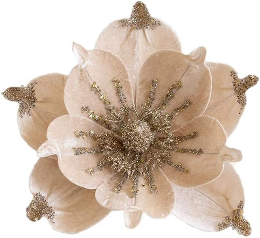 6 Pcs Christmas Glitter Magnolia Flower Artificial Poinsettia Magnolia Flowers with Stem 9.4Inch Christmas Tree Magnolia Flowers for Xmas Wedding Holiday Decor Wreath Garland Photo Prop (Green)