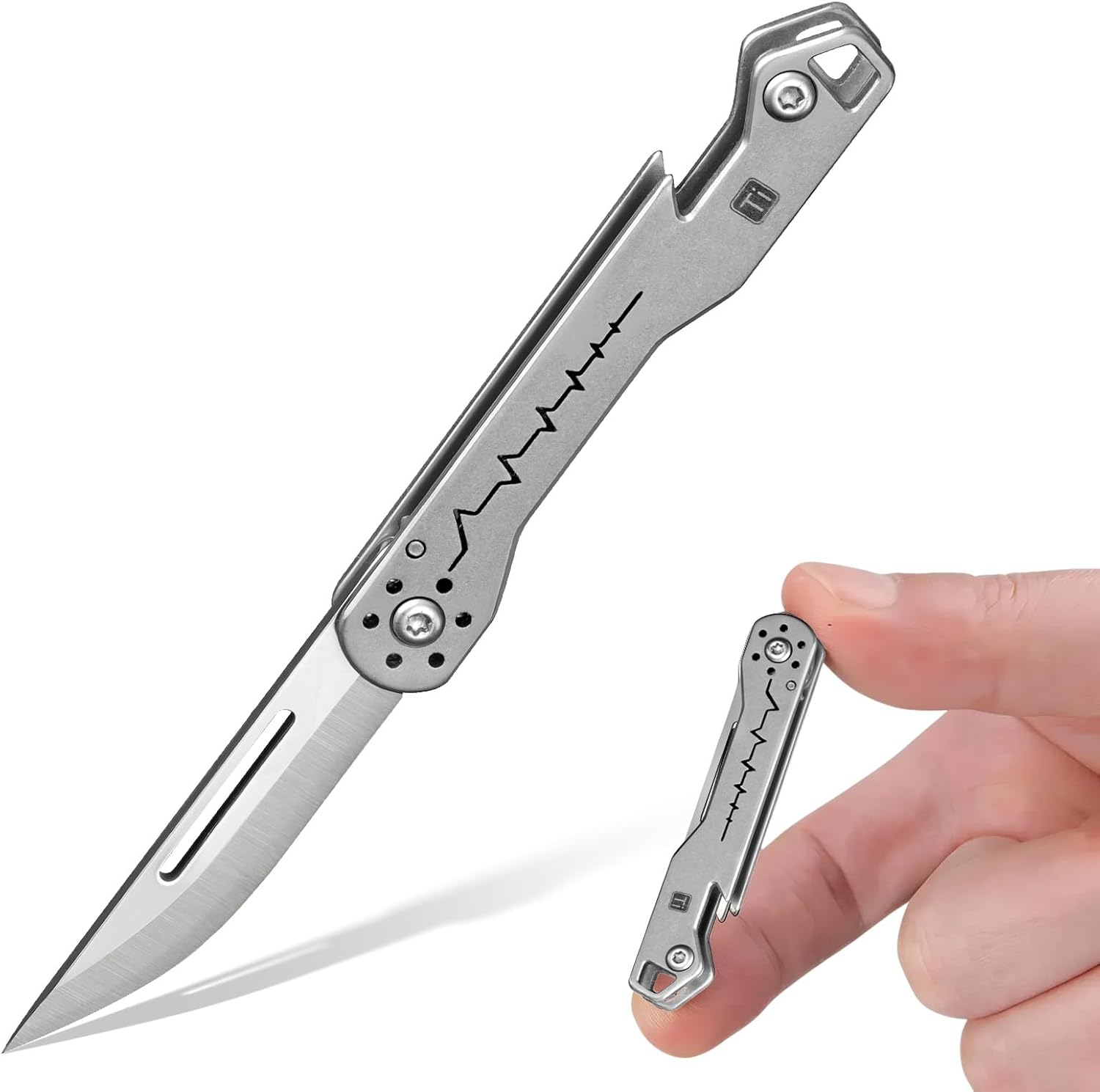 FGK2 Mini Titanium Utility Knife with Bottle Opener, Mini EDC Pocket Knife with 7Cr Steel Blade, EDC Pocket Tool Camping Accessory for Outdoor image number 1