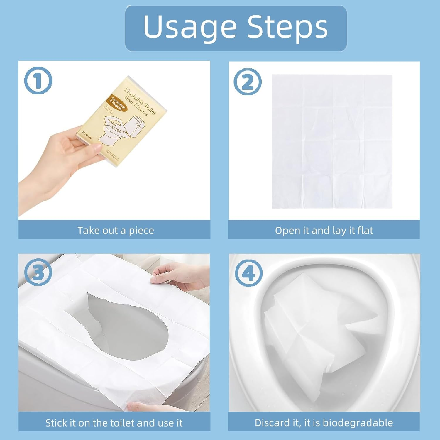 100PCS Toilet Seat Covers Disposable,Travel Toilet Paper Pad,Biodegradable Paper,Travel Essential Access,Travel Essential Accessories for Public Restrooms,Airplane, Road Trips, Camping image number 4