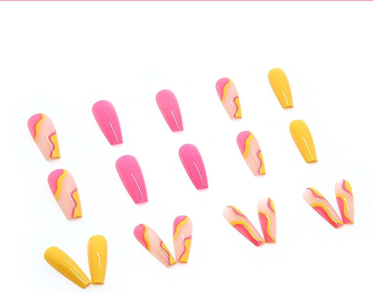 24 Pcs Acrylic Press on Nails Long Fake Nails Colorful Stripes Glue on Nails Coffin Shaped False Nails with Yellow Rose Red Color Glossy Stick on Nails for Women Girls