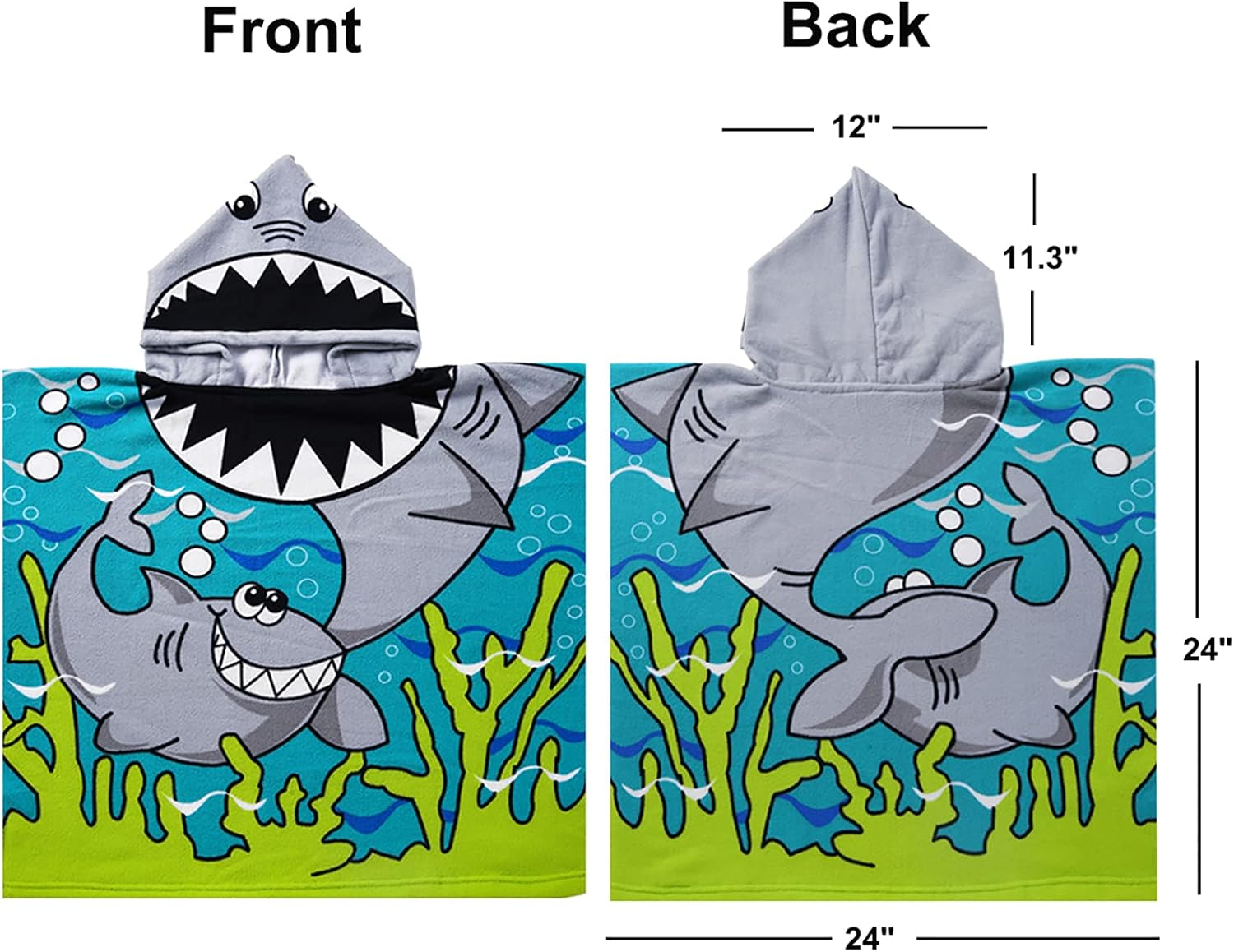 Kids Shark Beach Towel with Hood for Age 1-6 Years Toddler Boys - Soft Microfiber Super Absorbent Poncho Towel, Multi-Use for Bath/Swim/Pool/Shower 23.6 X 23.6 Inch image number 3