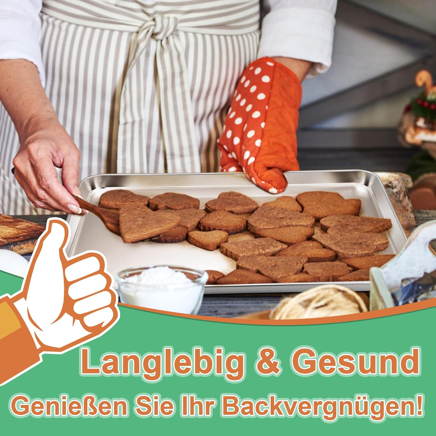 Haware Baking Tray, Set of 2, Stainless Steel Cake Tray, Oven Tray, Rectangular Grease Pan for Baking, Roasting, Serving, 31.6 X 24.6 X 2.5 Cm, Non-Toxic & Healthy, Rustproof & Dishwasher Safe image number 5