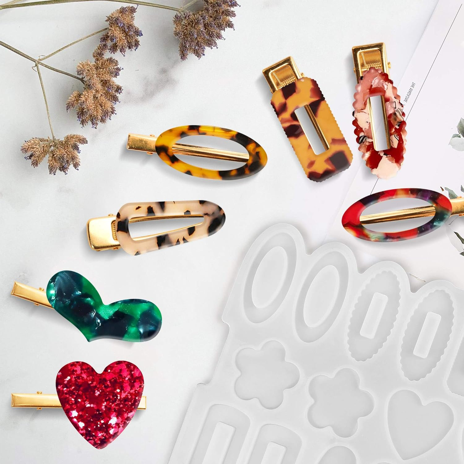 Lotfancy Epoxy Resin Mold for Hair Clips, with 16 Pcs Gold Metal Hairpins, Small Flower and Heart Shape Silicone Molds for DIY Jewelry Making image number 2