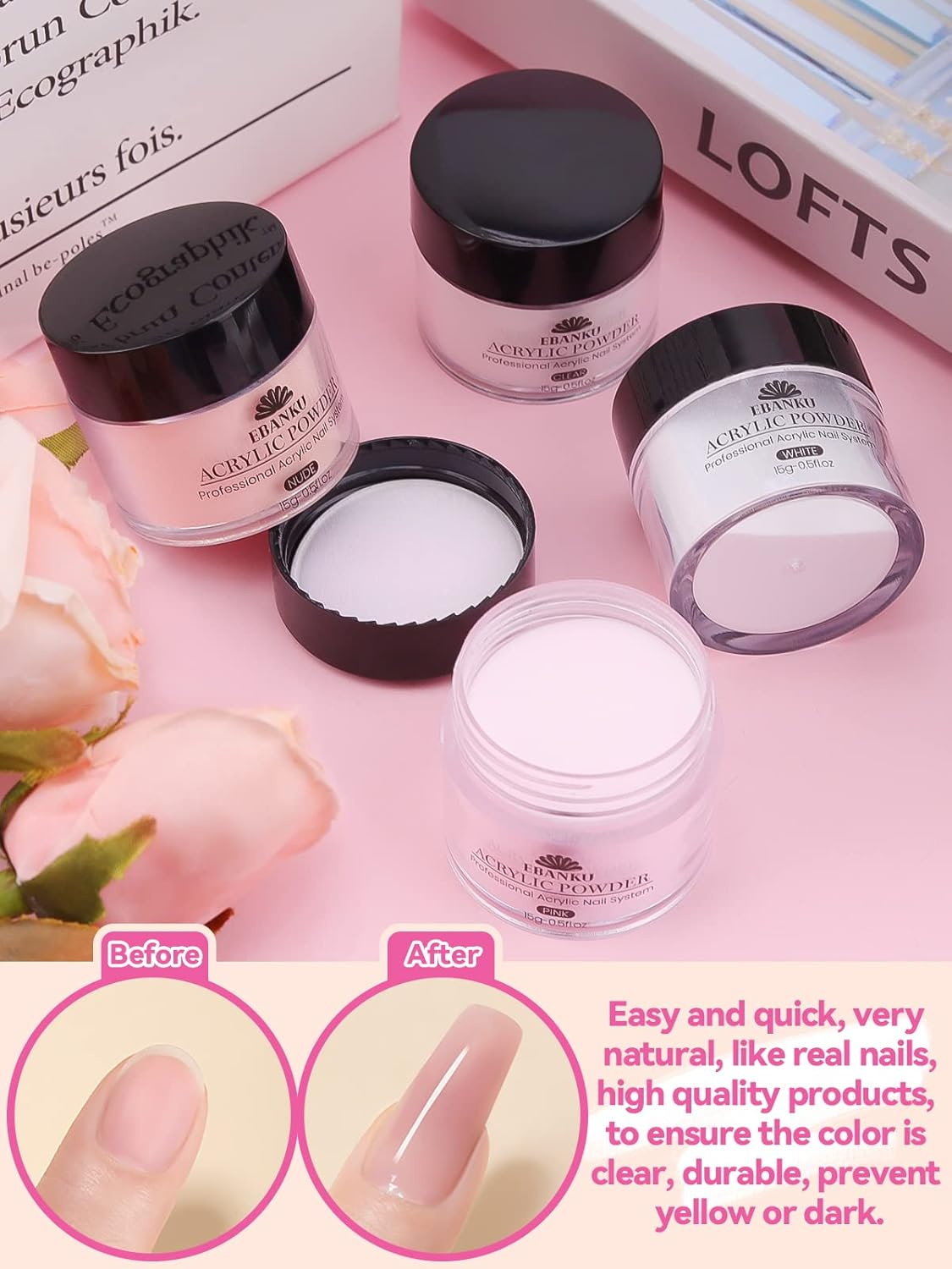 EBANKU Acrylic Powder Set, 4 Colors Acrylic Nail Powder Professional Acrylic Powder for Nail Acrylic Extension, Nail Carving, Long-Lasting, No Nail Lamp Needed image number 1