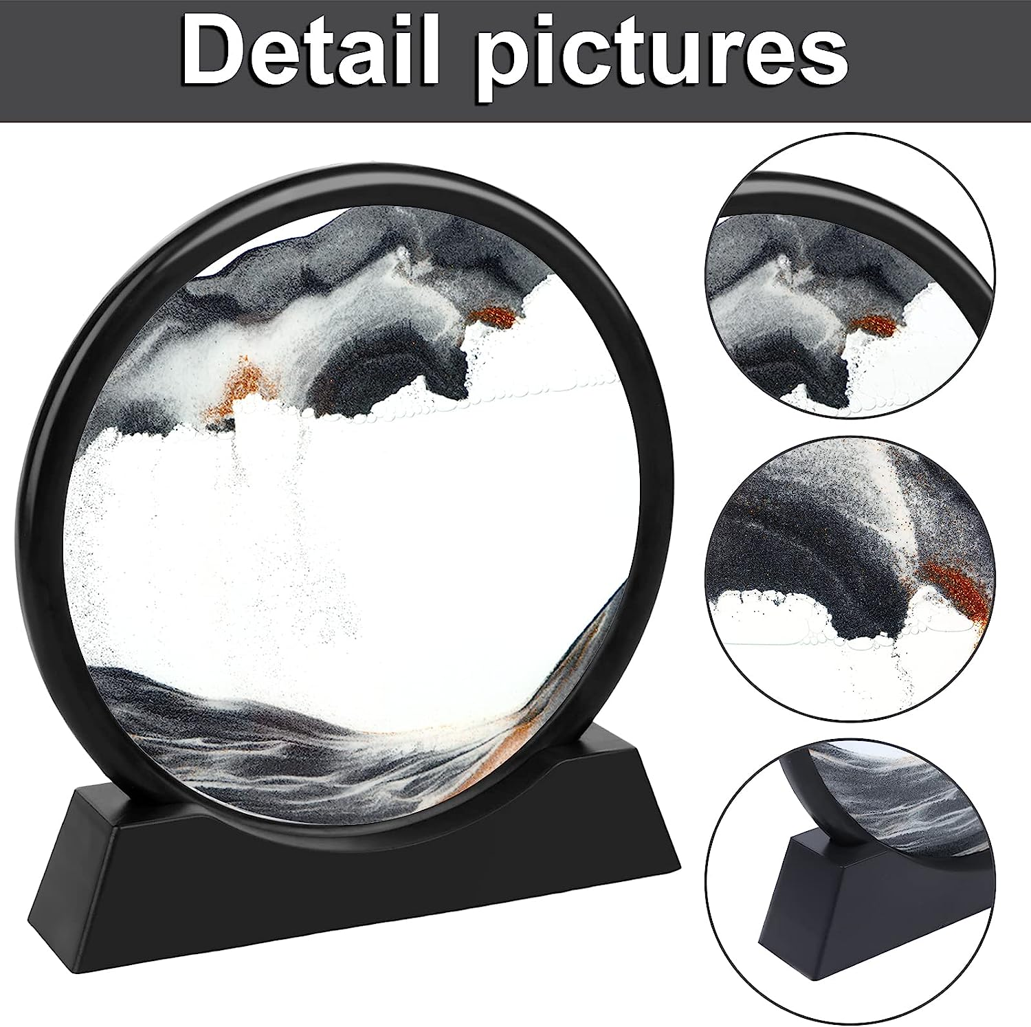 Flowing Sand 3D Natural Landscape Dynamic Art, round Glass Deep Sea Sandscape for Home Ornament, Desktop Art, Bookshelves Decoration (Black, 7 Inches) image number 6