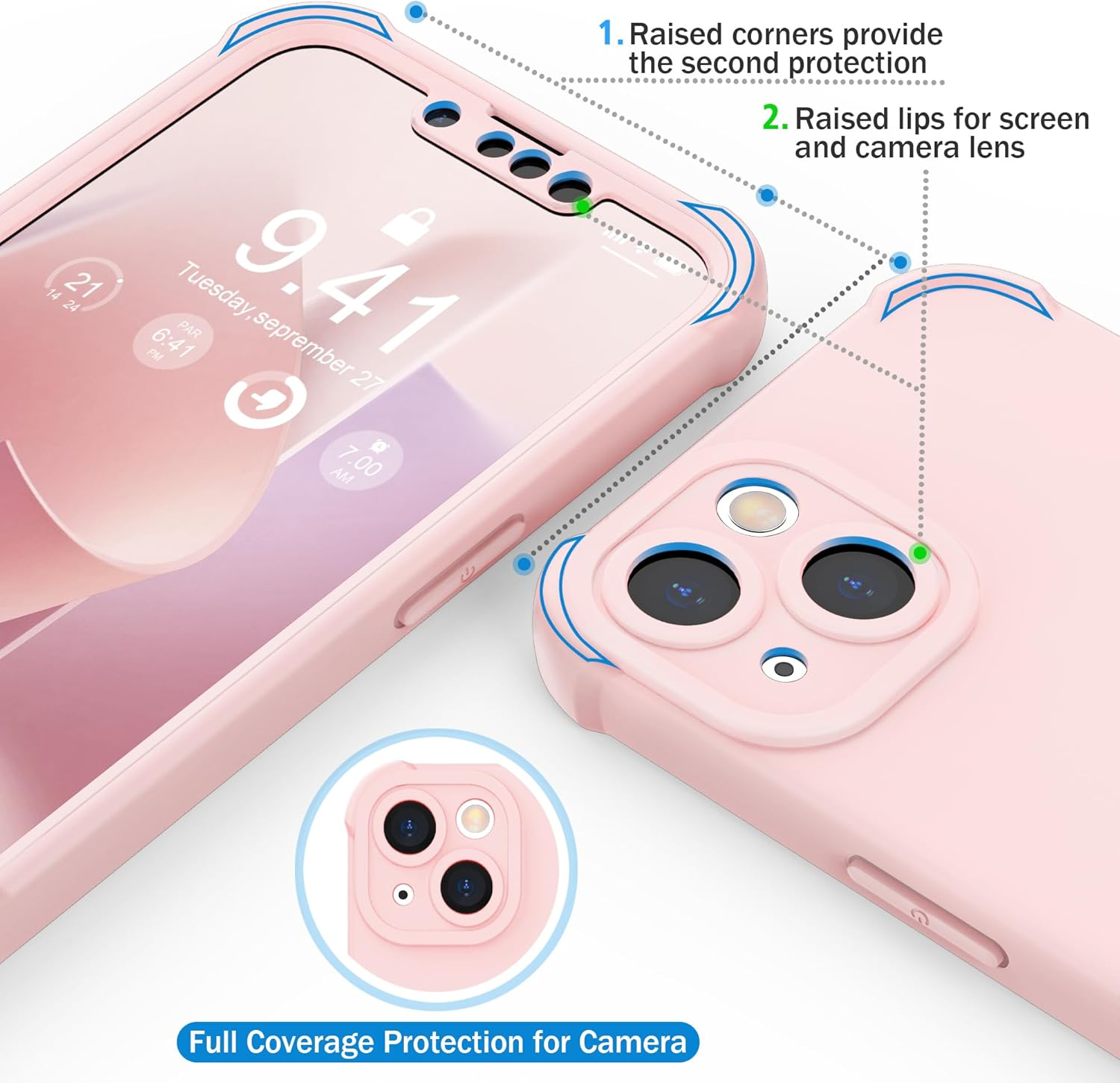 ORETECH Designed for Iphone 13 Case with 2 X Tempered Glass Screen Protector Shockproof Protection Cover Hard PC Silky Soft Touch Full Body Protective Case for Iphone 13 (2021) 6.1'' - Baby Pink image number 2