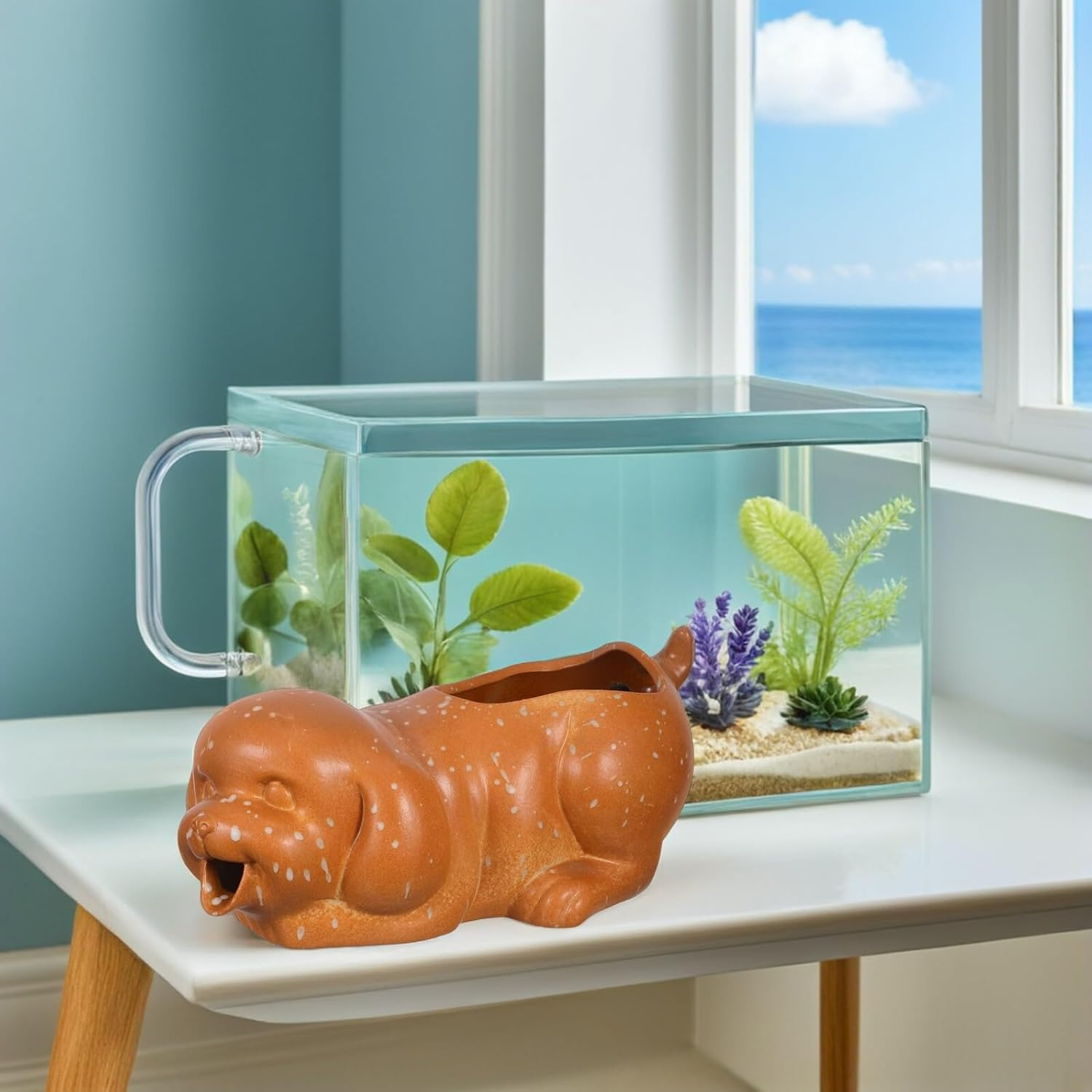 Ceramic Dog Fountain Spitter Waterfall for Fish Tank Aquarium Decor with Planter Interactive Running Water Feature and Natural Filtration Adorable Puppy Sculpture for Indoor image number 2