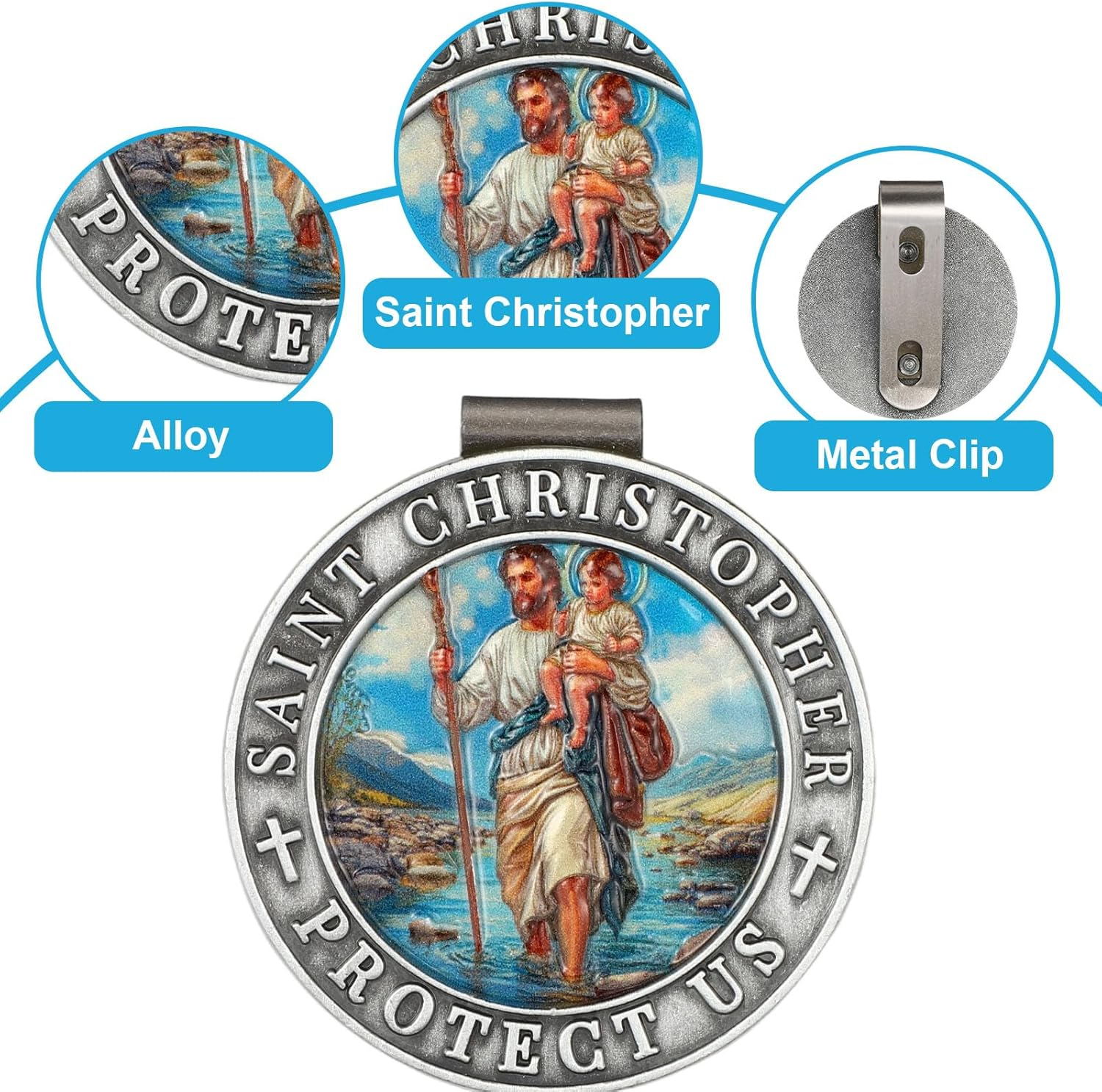St Christopher Medal for Car, 1.77In/4.5Cm 3D Colorful St Christopher Medal Visor Clip Driving Safety Religious Gift image number 6