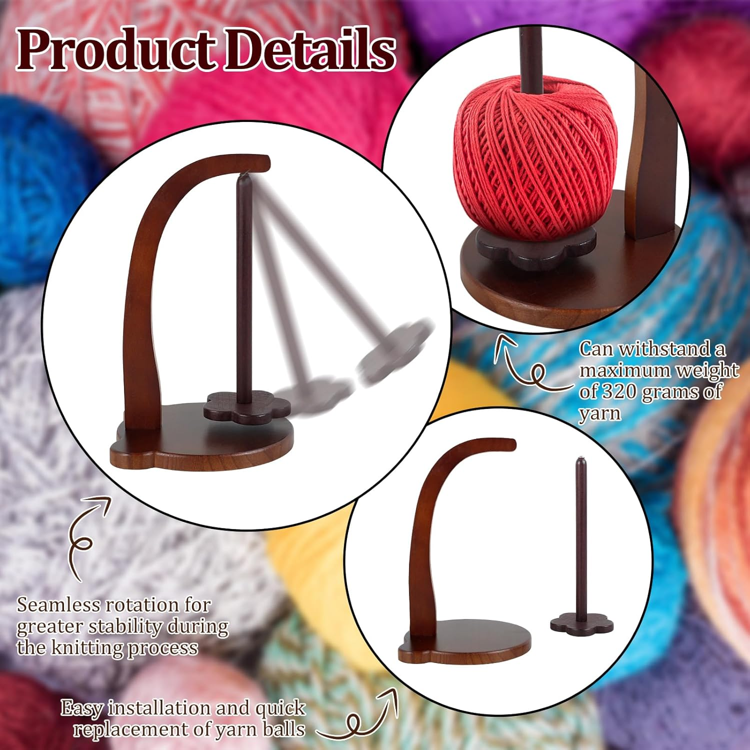 Wooden Yarn Spinner, Yarn Holder for Knitting and Crocheting, Sewing Spindle Thread Holder for Crochet Well, Girls, Women (Vintage Color) image number 2