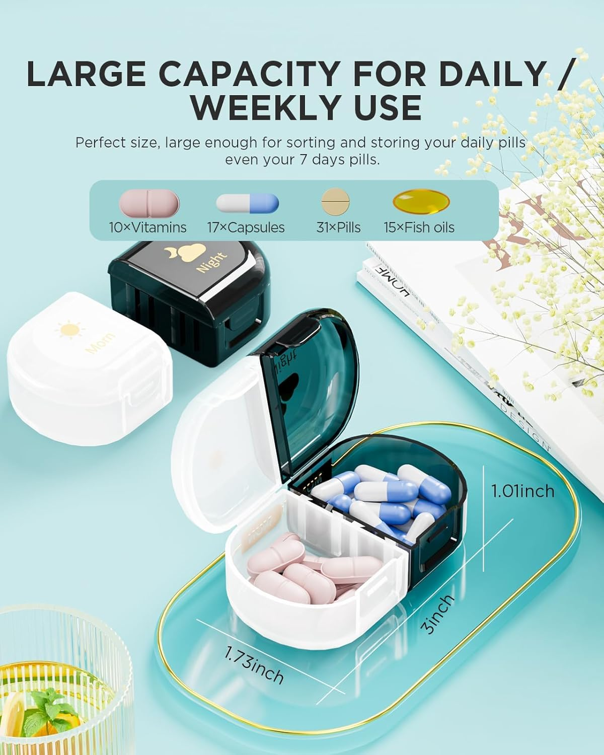 Weekly Pill Box Organiser Pill Boxes 7 Day 2 Times a Day,Portable Daily Pill Dispenser with 14 Detachable Copartments to Hold Vitamins, Cod Liver Oil, Supplements and Medication, Black image number 3