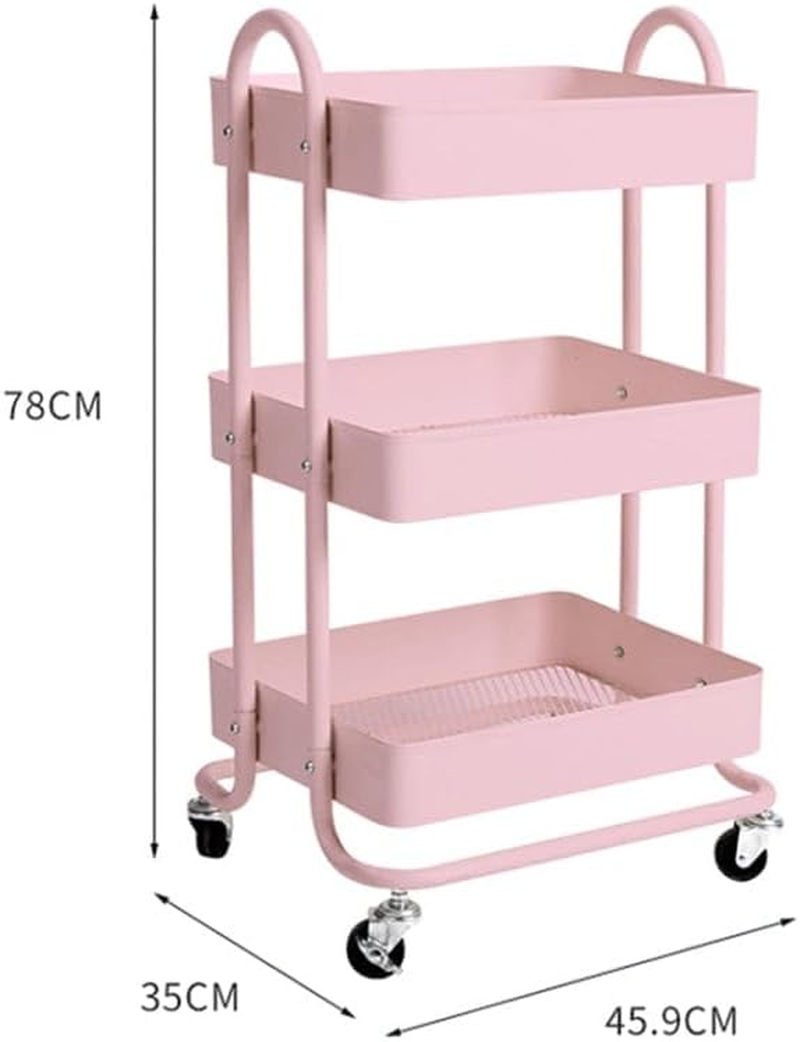 Levede 3 Tiers Kitchen Trolley Cart Steel Storage Rack Shelf Organiser Pink, Metal Utility Cart, 3-Tier Kitchen Trolley with 4 Wheels, Rolling Storage Cart Trolley for Kitchen Storage & Organisation