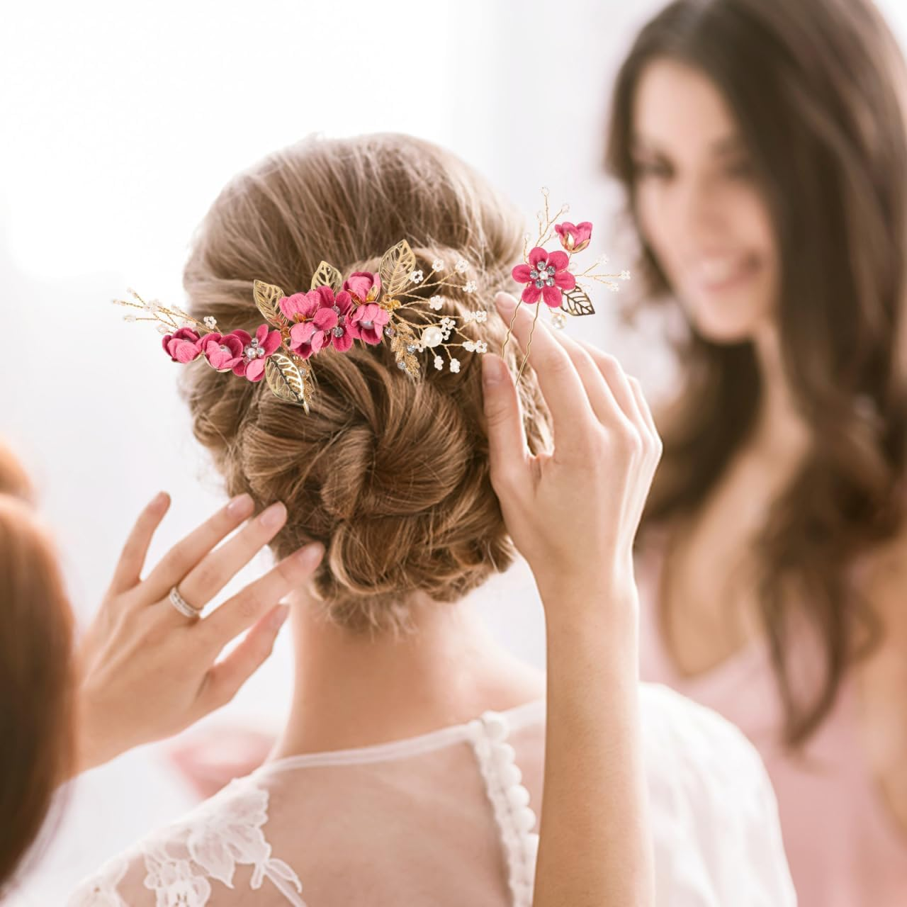 Hemobllo 4Pcs Bridal Flower Side Hair Clips, Rhinestone Hair Piece, Bridal Headpiece for Brides Bridesmaid, Girls, Women, Mothers Day Comb Wedding Prom Party image number 6