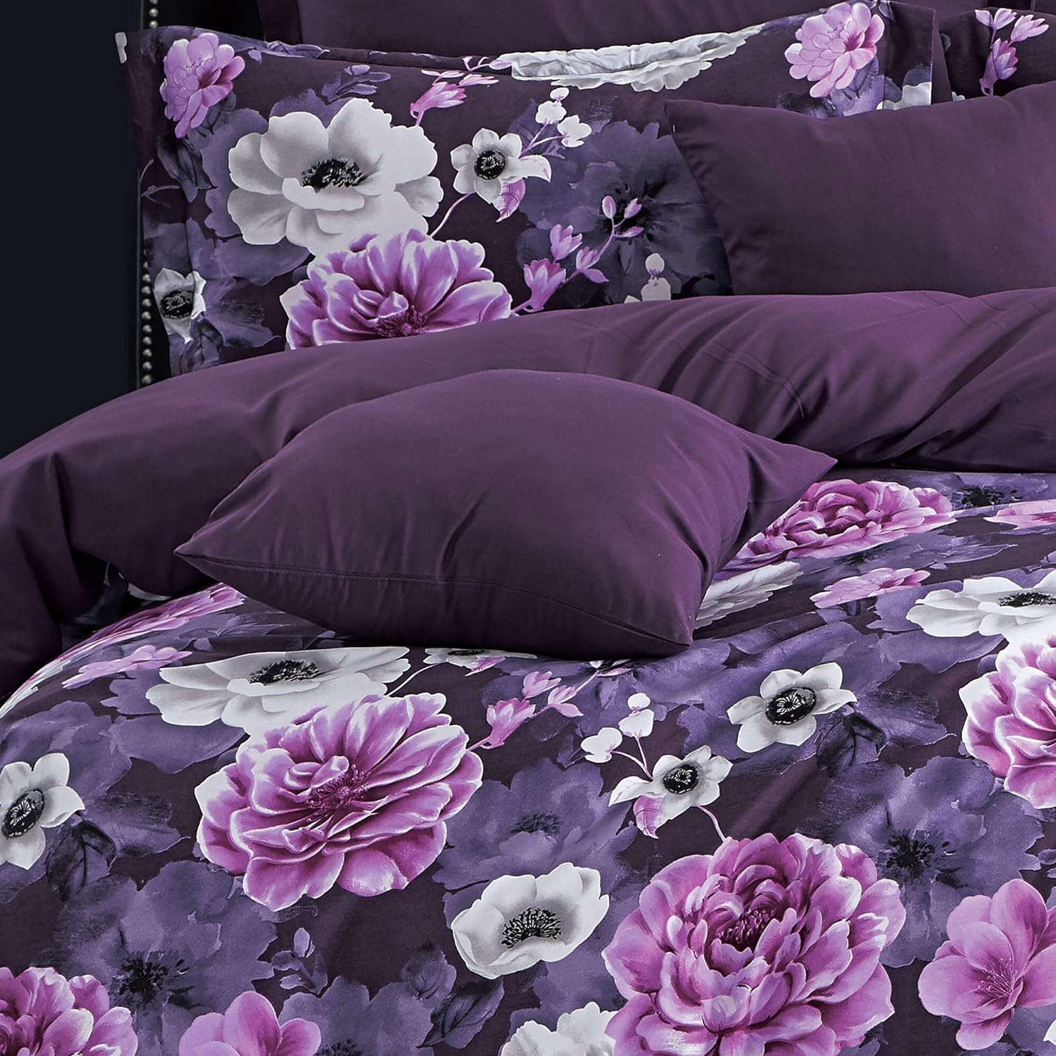 Luxton Antonella Garden Floral Plum Quilt Cover Queen Botanical 3Pcs Grey Purple Quilt Cover Set (Queen Size) image number 3