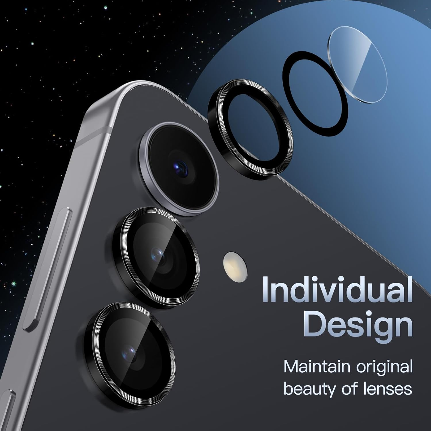 Jetech Camera Lens Protector for Samsung Galaxy S25 FE, 9H Tempered Glass Metal Individual Ring Cover, HD Clear, 1 Set (Black) image number 4